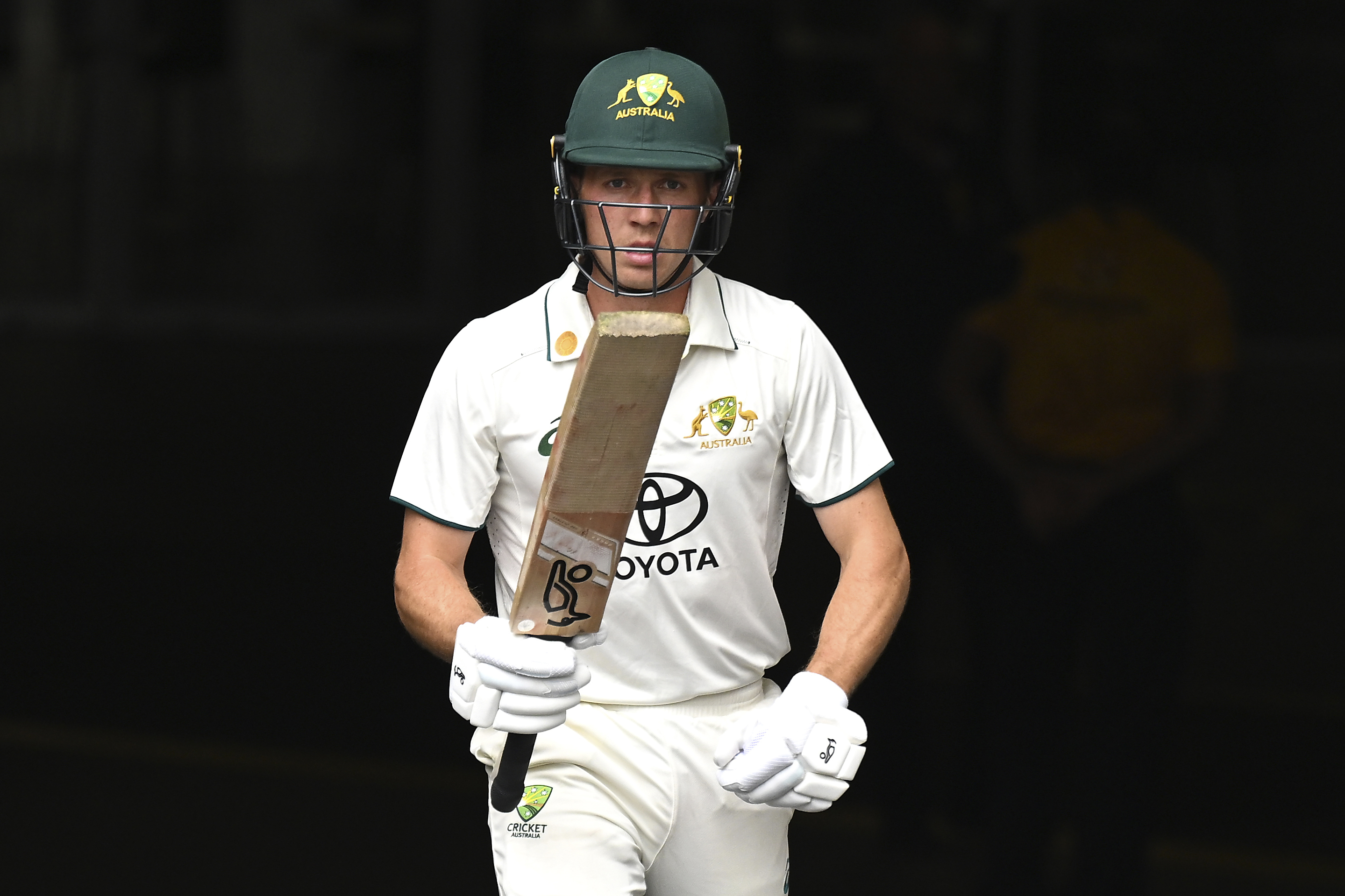 Nathan McSweeney walks up the players race before batting in the cricket tour match between against India A at the MCG in Melbourne, Thursday, Nov. 7, 2024. (James Ross/AAP Image via AP)