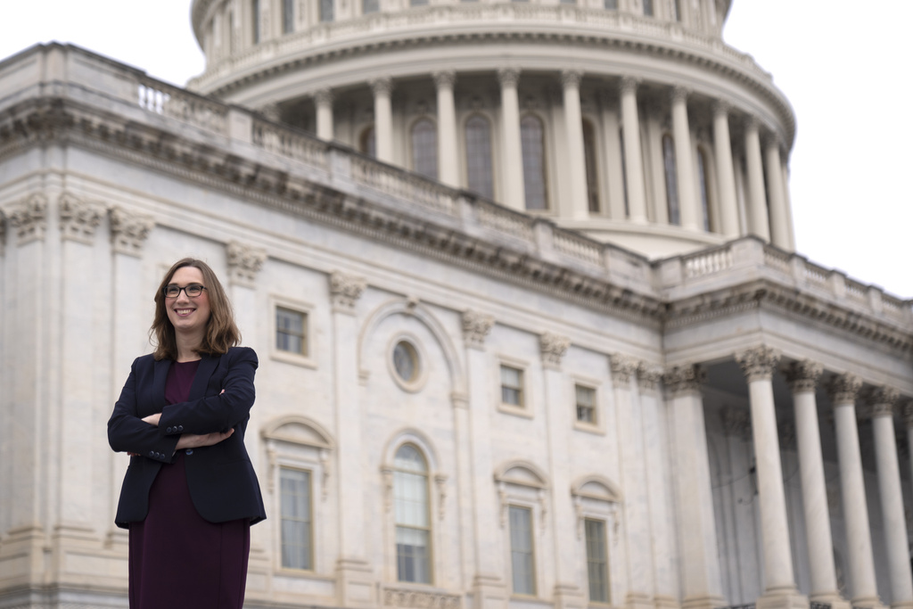 Sarah McBride poses in front of the US Capitol
