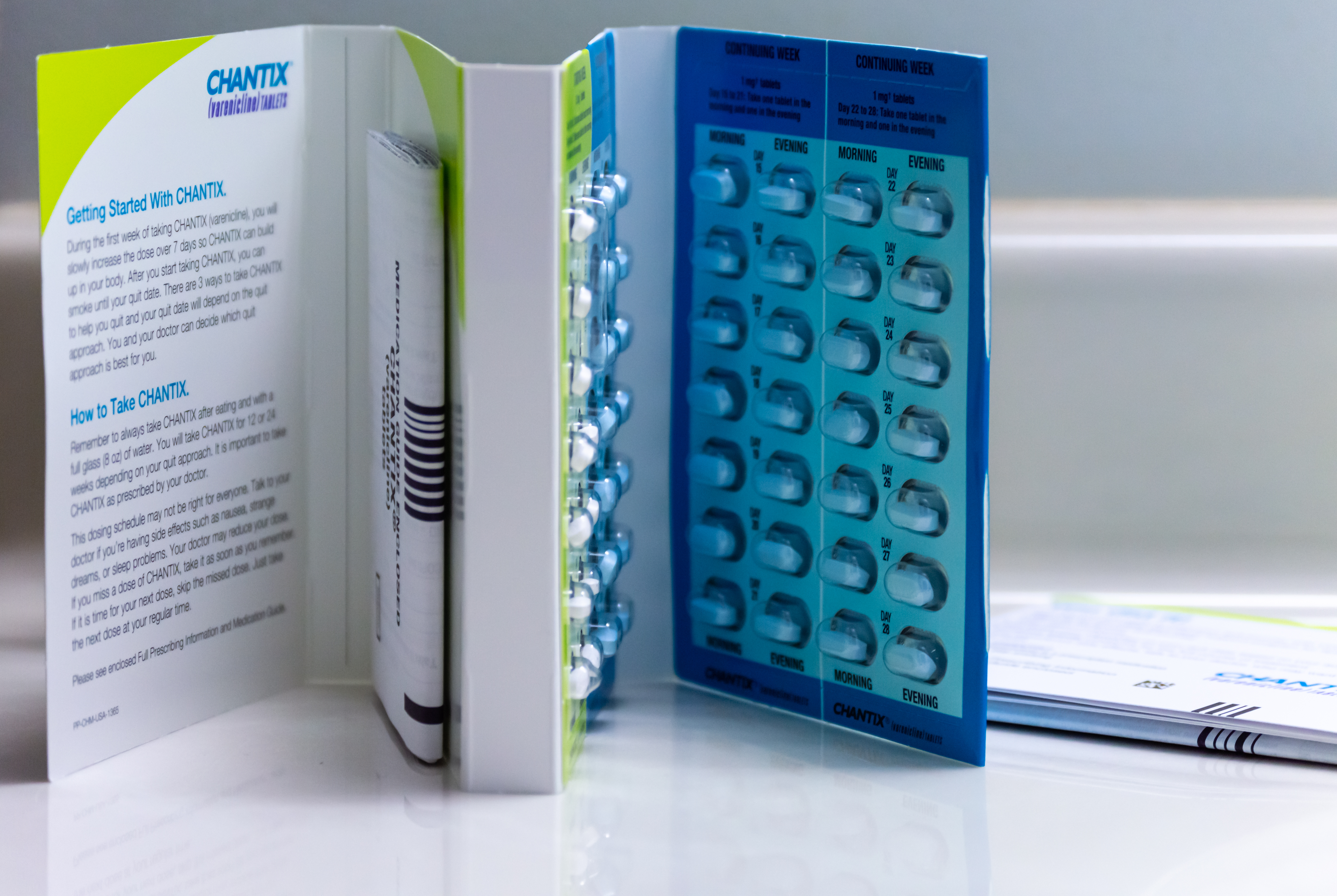 A Chantix pack blister card. Chantix, also called Champaix, a stop-smoking drug, was withdrawn in 2021 but has now been reintroduced to the market under the name varenicline, which will be available in the UK by prescription from a doctor [Shutterstock]