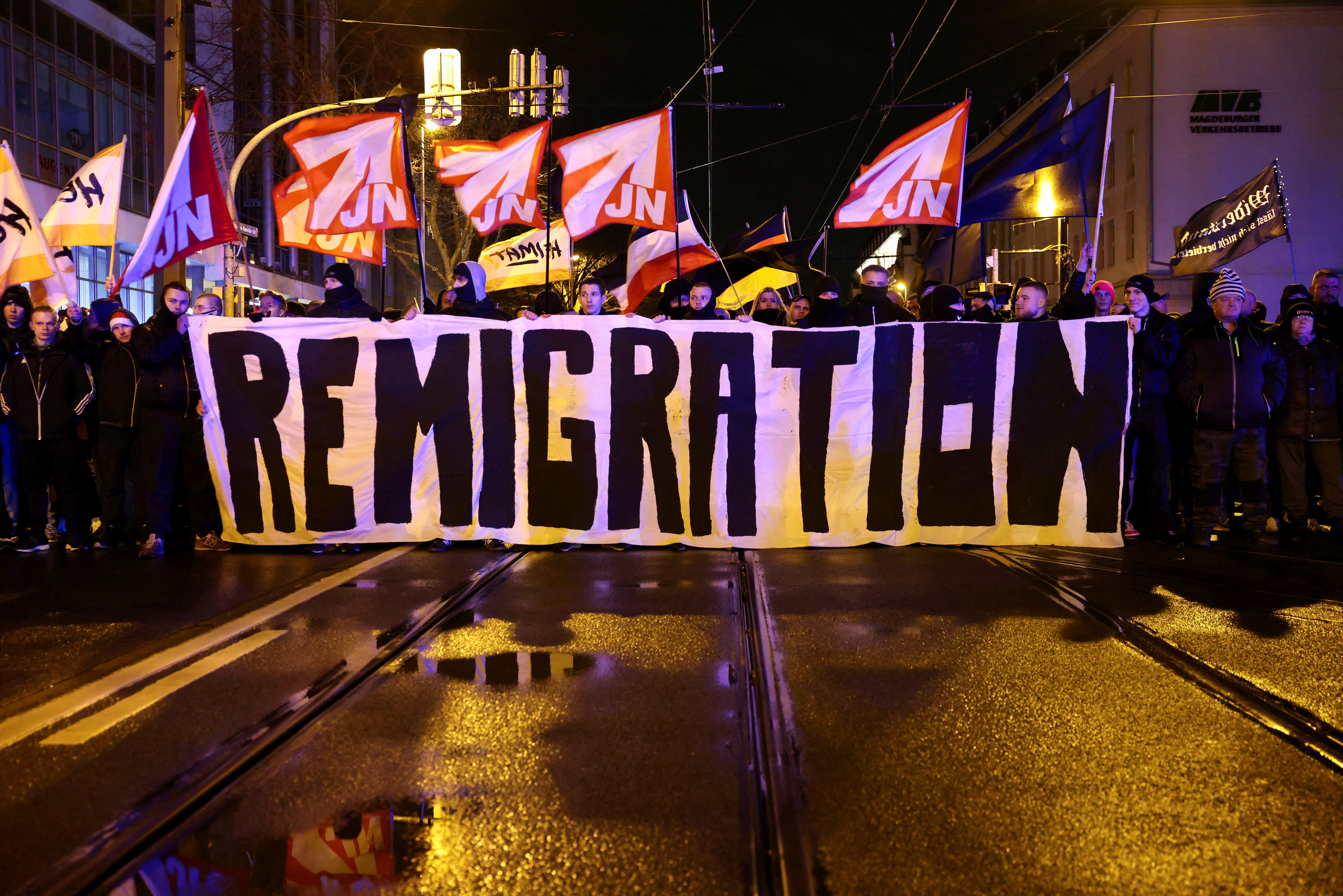 Far-right demonstrators take part in a protest after a car drove into a crowd at a Christmas market, in Magdeburg, Germany December 21, 2024. REUTERS/Christian Mang TPX IMAGES OF THE DAY
