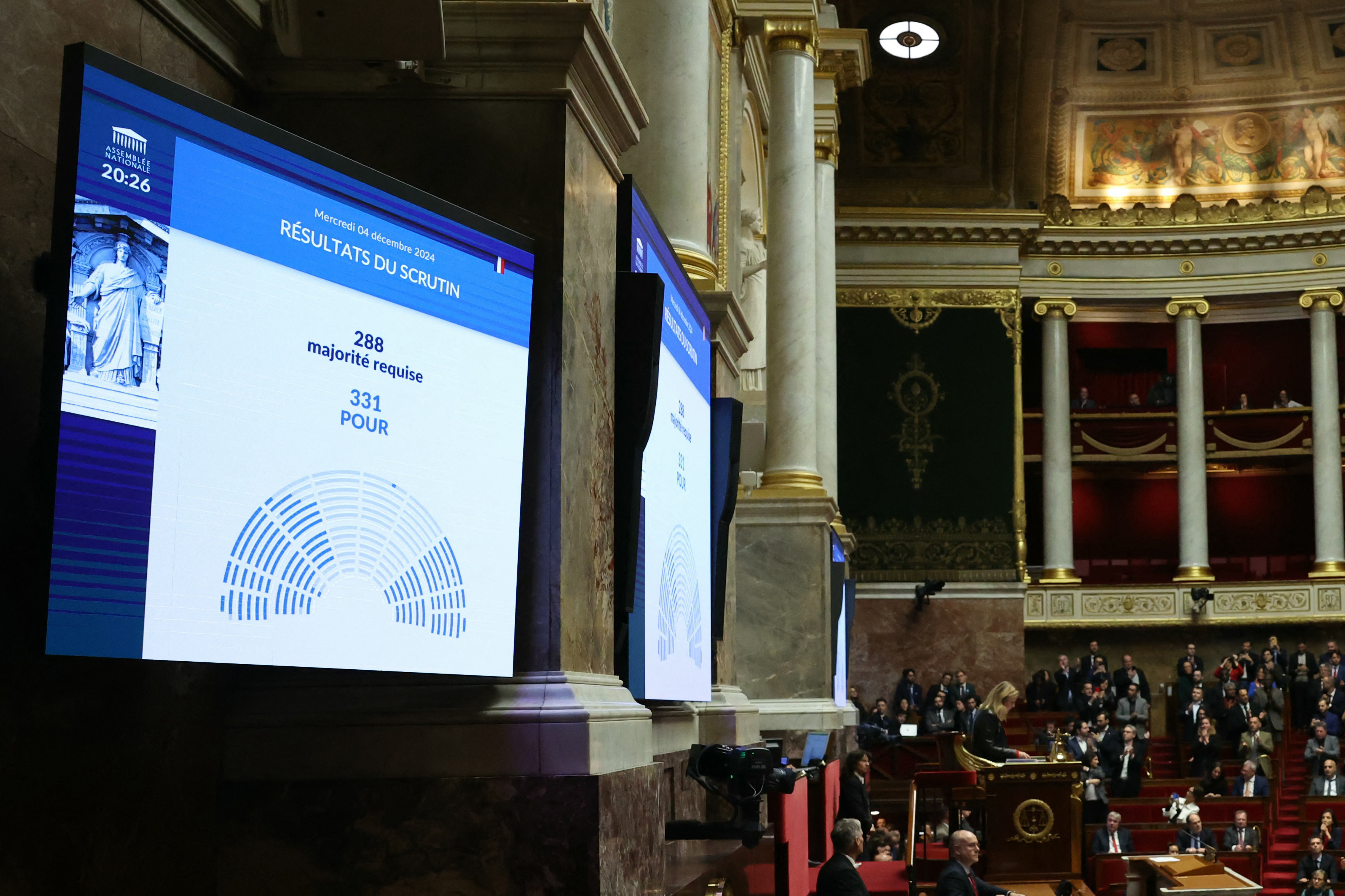 This photograph shows the result of the no-confidence vote on Prime Minister Michel Barnier's administration displayed on a screen at the National Assembly in Paris on December 4, 2024 after French MPs voted to oust the government after just three months in office in a move which deepens a political crisis in the country. - The French National Assembly was voting two motions brought by the French left-wing Nouveau Front Populaire (New Popular Front) NFP coalition and the French far-right Rassemblement National (National Rally) RN party in a standoff over 2025's austerity budget, which saw French Prime Minister force through a social security financing bill without a vote (article 49.3) on December 2, 2024. 