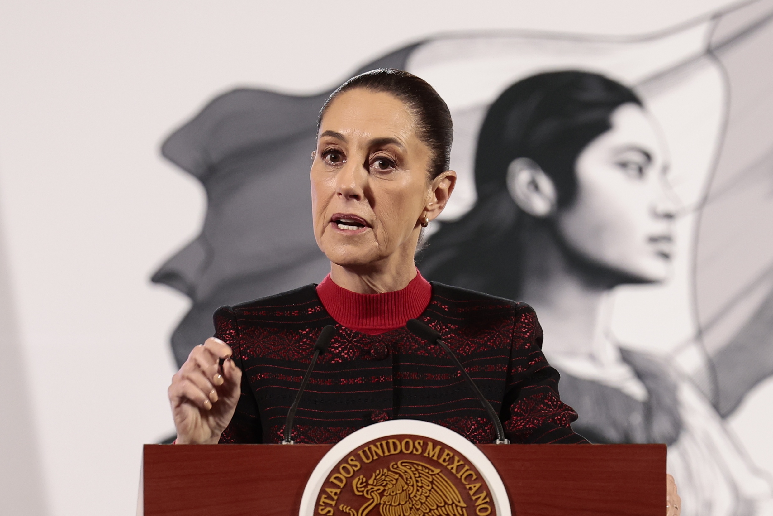 Mexican President Claudia Sheinbaum speaks during her daily press conference at the National Palace in Mexico