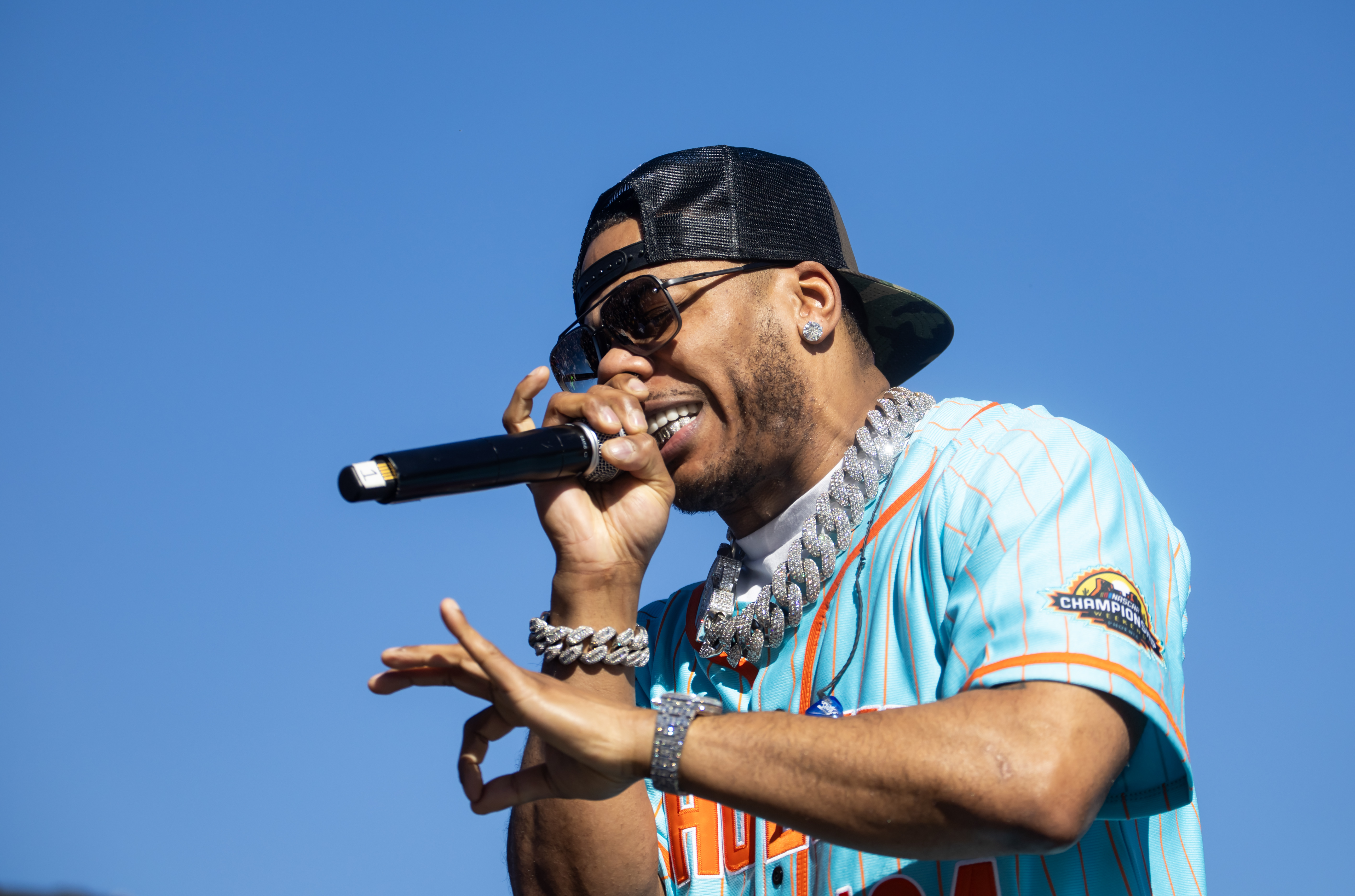 Nov 10, 2024; Avondale, Arizona, USA; Record artist Nelly performs prior to the NASCAR Cup Series Championship race at Phoenix Raceway. Mandatory Credit: Mark J. Rebilas-Imagn Images