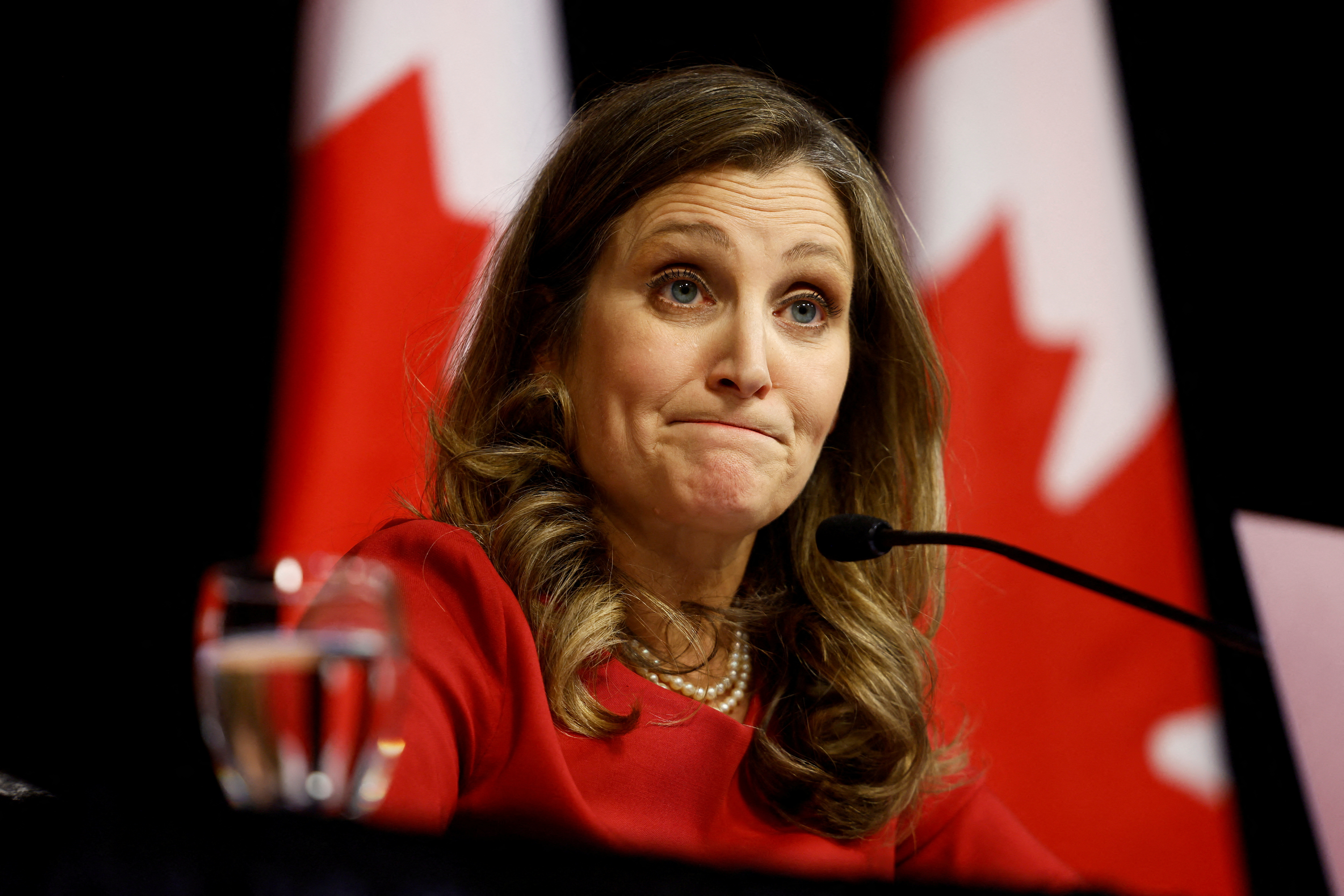 FILE PHOTO: Canada's Deputy Prime Minister and Minister of Finance Chrystia Freeland gestures during a press conference before delivering the fall economic update in Ottawa, Canada, November 21, 2023. REUTERS/Blair Gable/File Photo