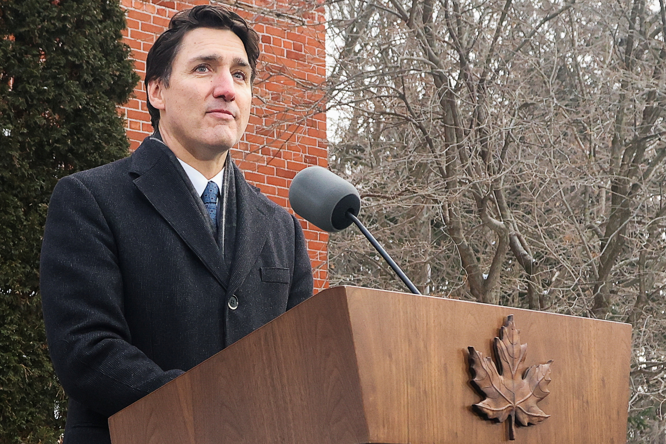 Justin Trudeau at a press conference outside Rideau Cottage