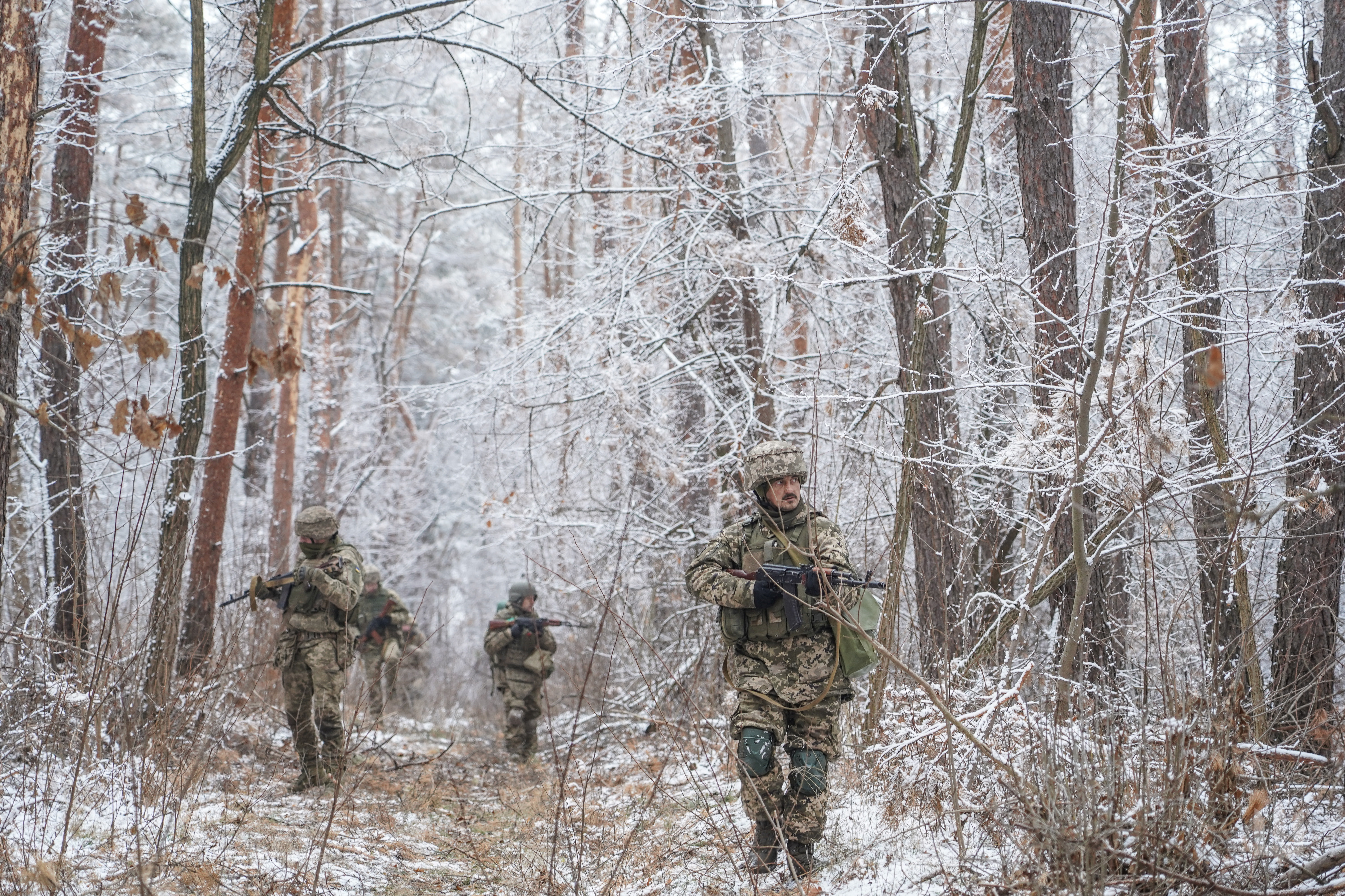 Servicemen of the 33rd Separate Mechanized Brigade of the Ukrainian Armed Forces attend a patrol and camouflage exercise in the woods, amid Russia's attack on Ukraine, in Dnipropetrovsk region, Ukraine January 13, 2025. Volodymyr Petrov/Press Service of the 33rd Separate Mechanized Brigade of the Ukrainian Armed Forces/Handout via REUTERS ATTENTION EDITORS - THIS IMAGE HAS BEEN SUPPLIED BY A THIRD PARTY. DO NOT OBSCURE LOGO.