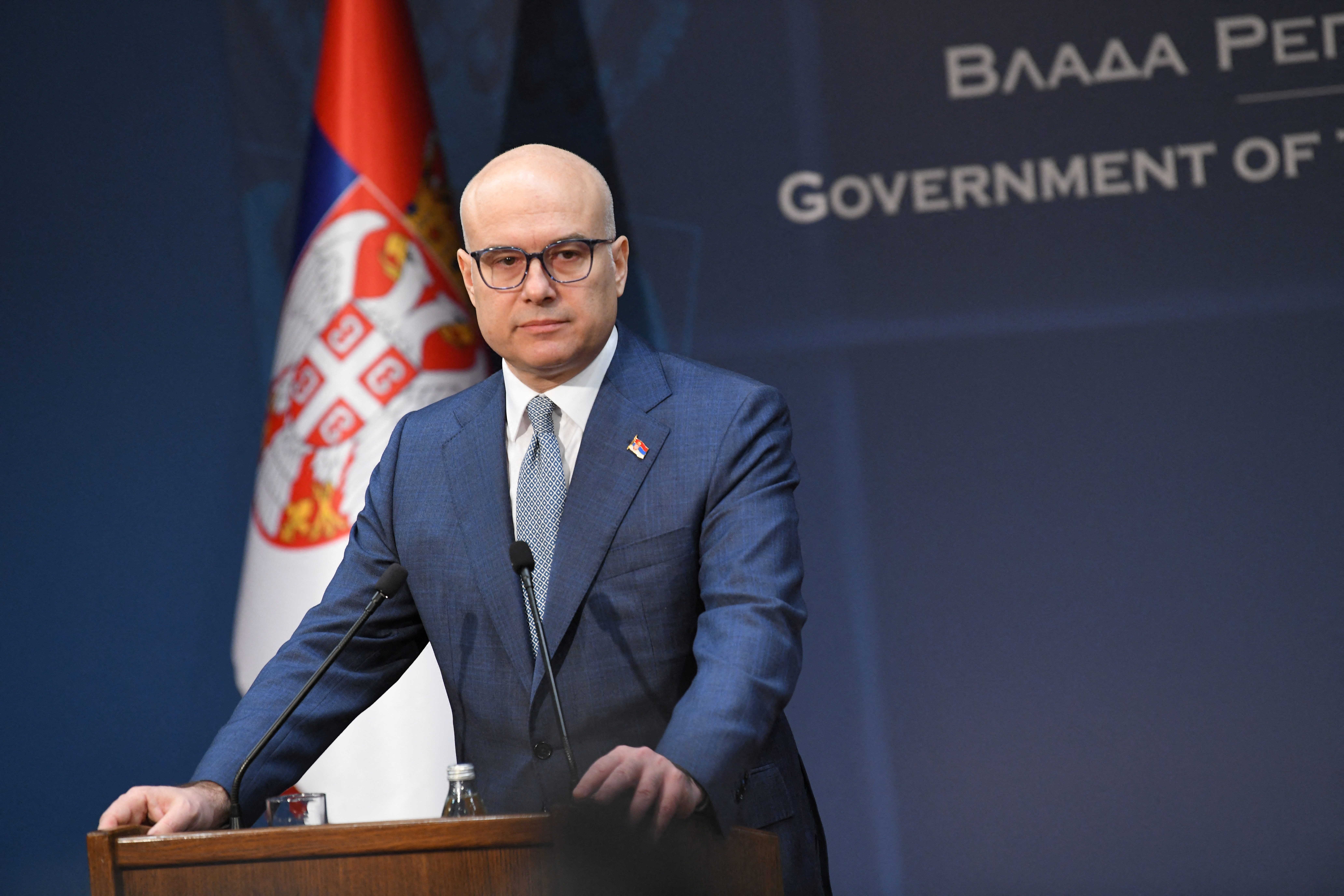 Serbian Prime Minister Milos Vucevic speaks during a press conference