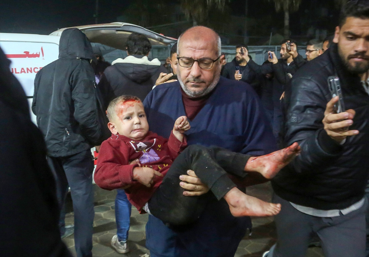 Wounded people, including children, who were injured as a result of the Israeli army attack targeting tents sheltering displaced Palestinians, are brought to the Al-Aqsa Martyrs Hospital for treatment despite the ceasefire agreement in Gaza between Hamas and Israel in Deir al-Balah, Gaza on January 16, 2025. The airstrikes occurred hours after Qatari Prime Minister and Foreign Minister Sheikh Mohammed bin Abdulrahman Al Thani announced that mediators from Qatar, Egypt and the US had brokered a cease-fire agreement between Israel and the Palestinian group Hamas. Photojournalist:Ashraf Amra