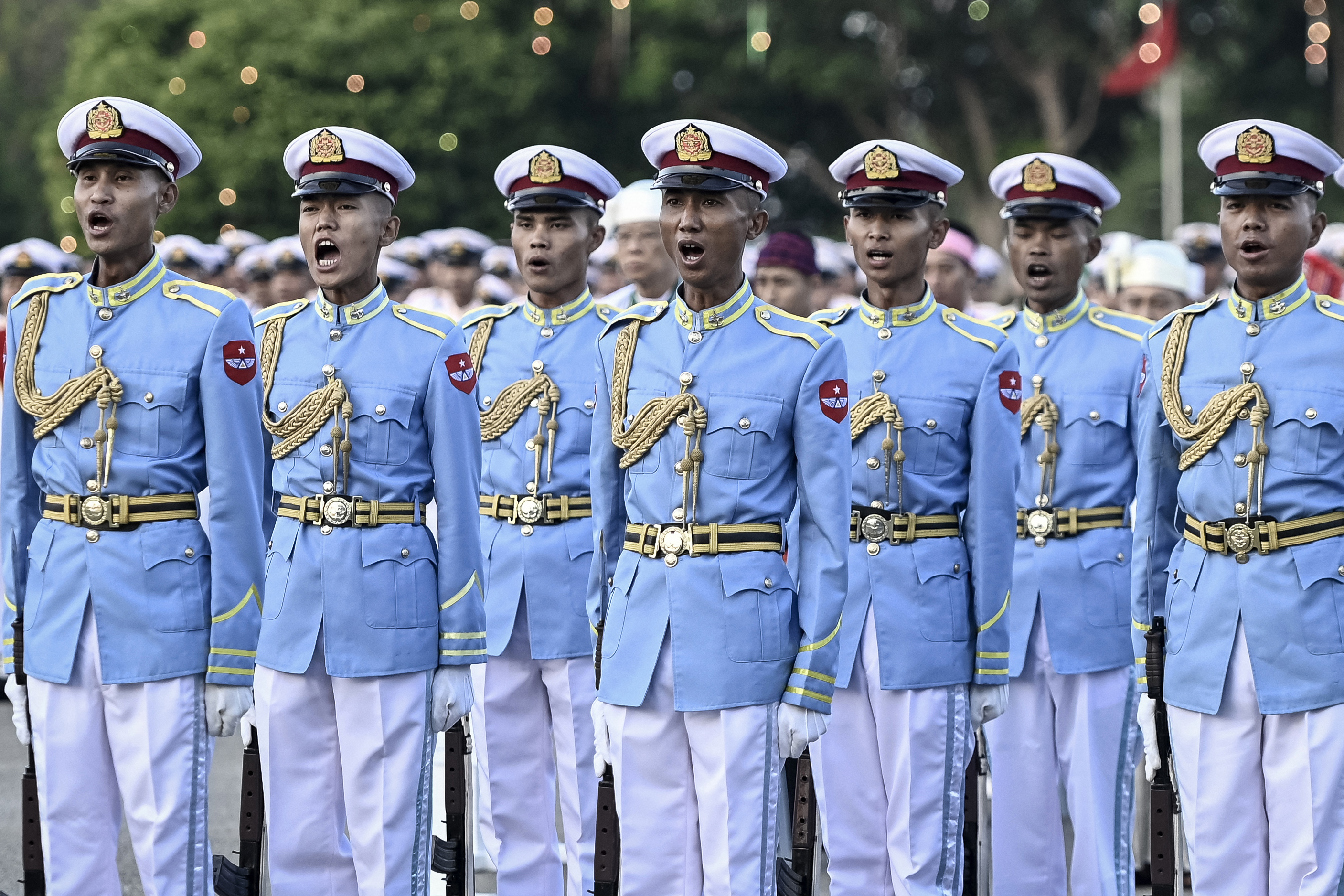 Members of a Myanmar military honour guard take part in a ceremony to mark Myanmar's 77th Independence Day in Naypyidaw on January 4, 2025. (Photo by AFP)