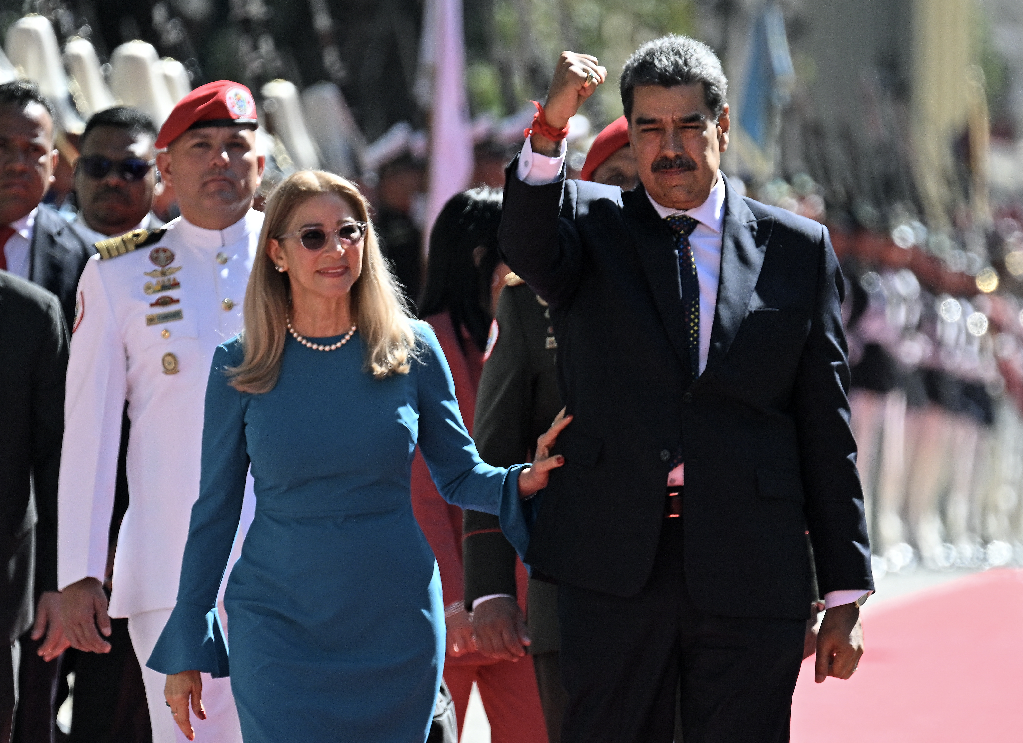 Venezuela's President Nicolas Maduro and First Lady Cilia Flores arrive at the Capitolio, the legislative palace.