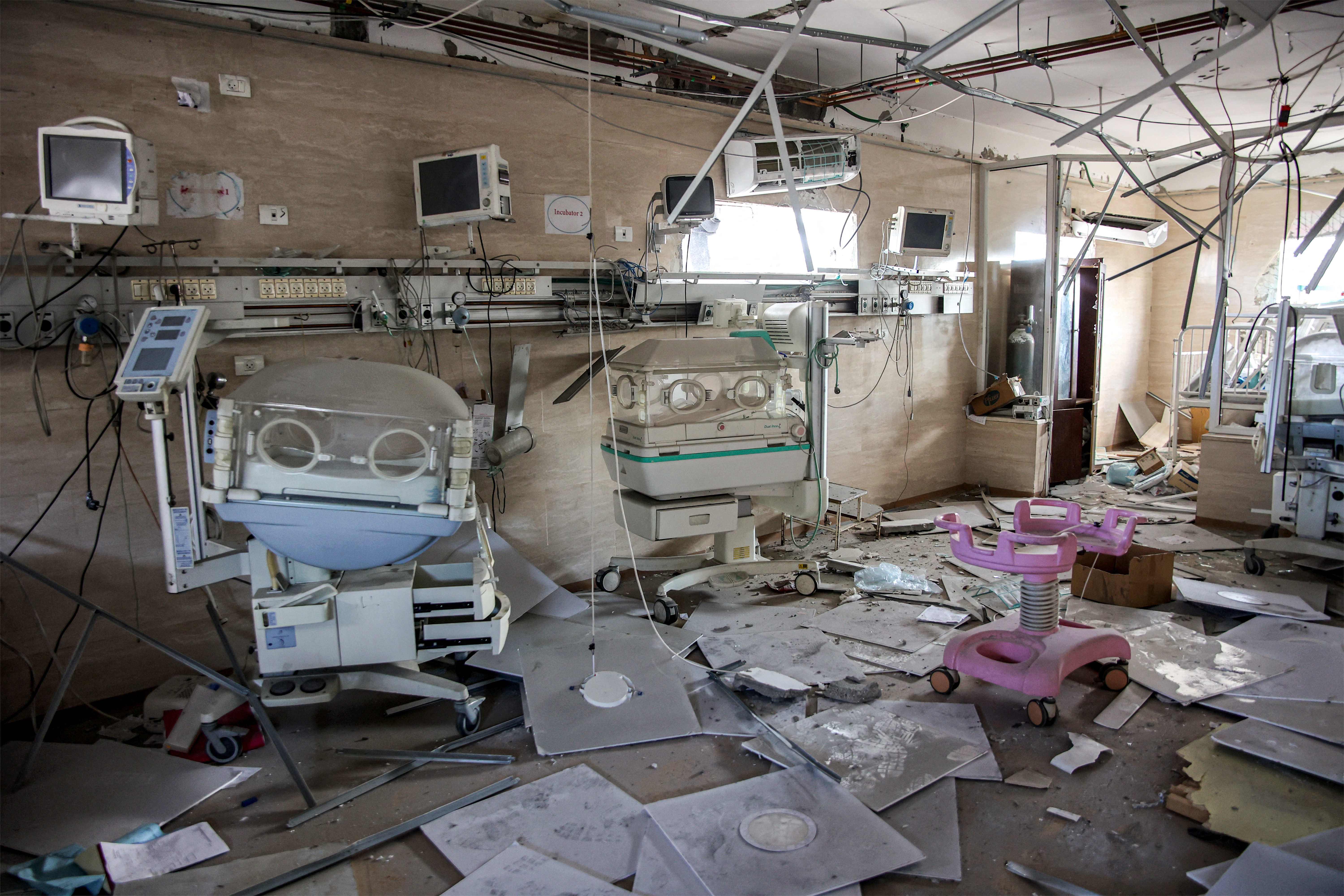 This view shows the infant incubators at the ransacked neonatal intensive care unit (NICU) inside the heavily-damaged Kamal Adwan hospital in Beit Lahia