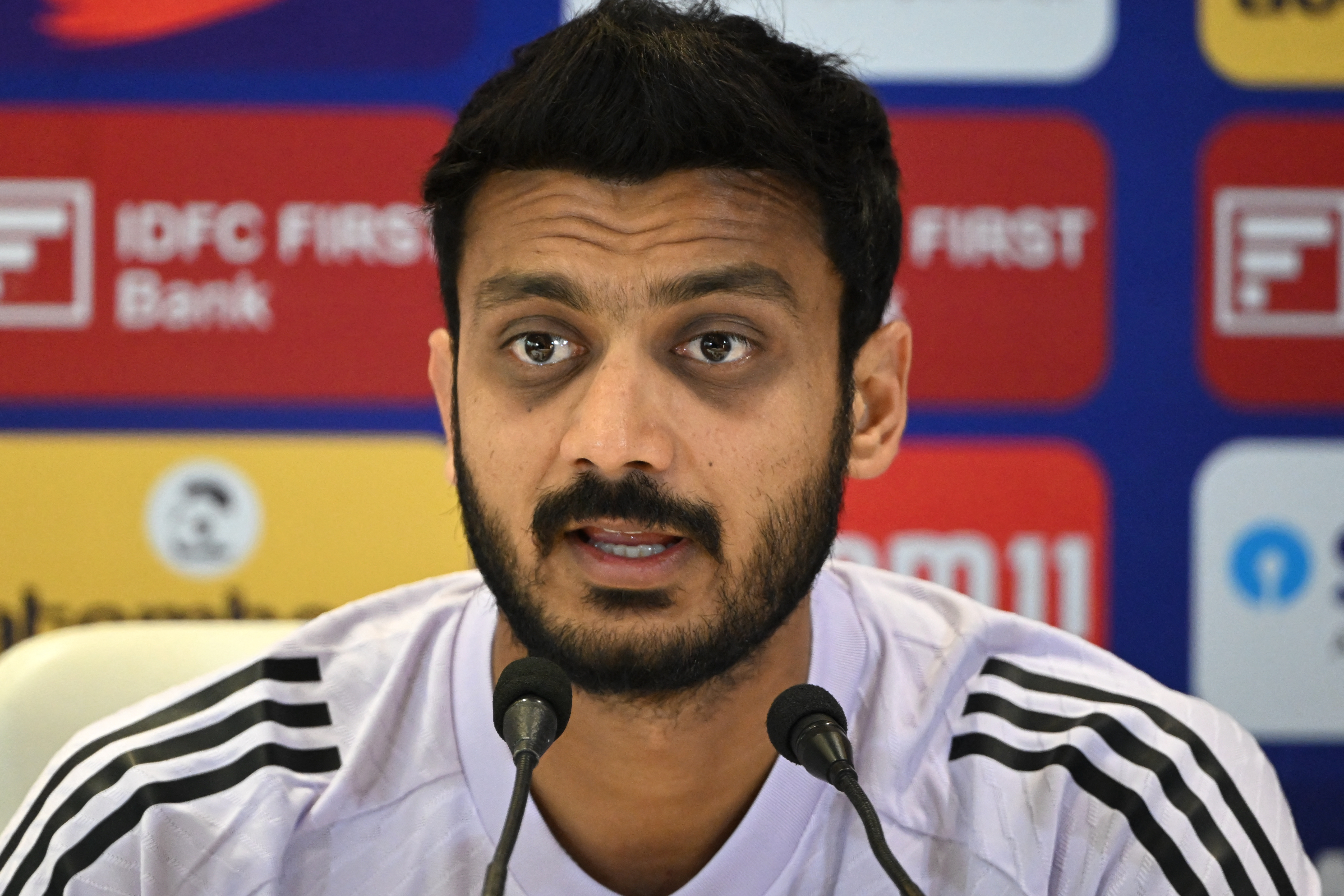 Indias Axar Patel attends a press conference ahead of the practice session ahead of their first Twenty20 international cricket match against England at the Eden Gardens in Kolkata on January 20, 2025. (Photo by DIBYANGSHU SARKAR / AFP) / -- IMAGE RESTRICTED TO EDITORIAL USE - STRICTLY NO COMMERCIAL USE --