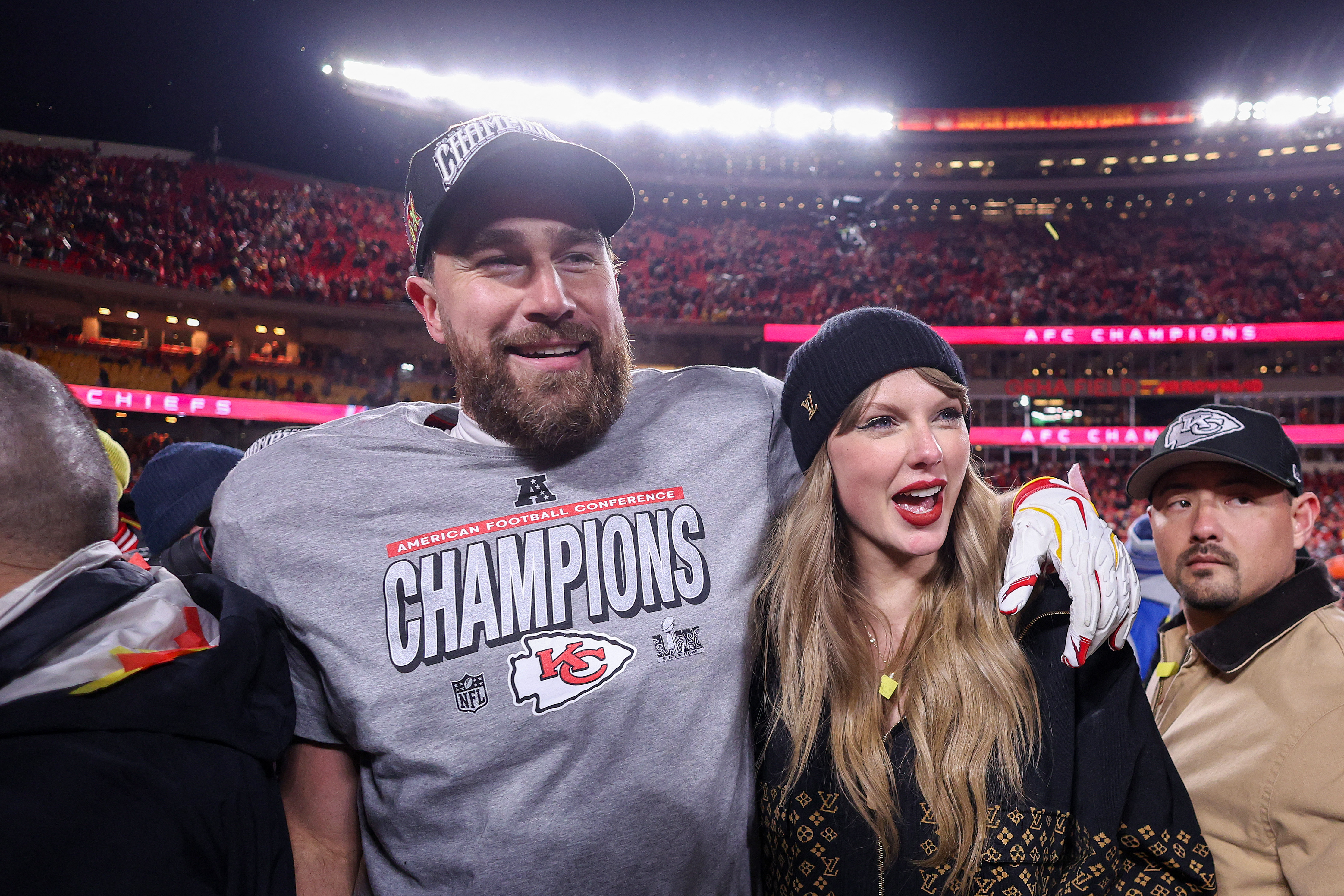 Taylor Swift was in attendance to celebrate with boyfriend Travis Kelce as the Kansas City Chiefs defeated the Buffalo Bills in the AFC Championship Game at GEHA Field at Arrowhead Stadium in Kansas City, Missouri