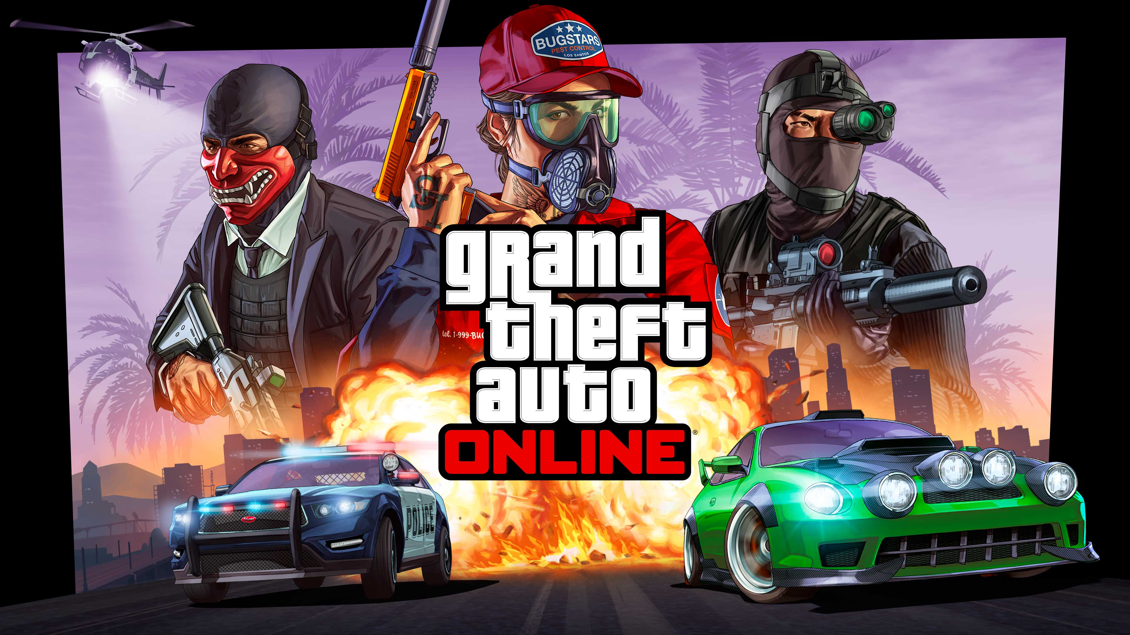 A poster depicting the game Grand Theft Auto V and GTA Online.