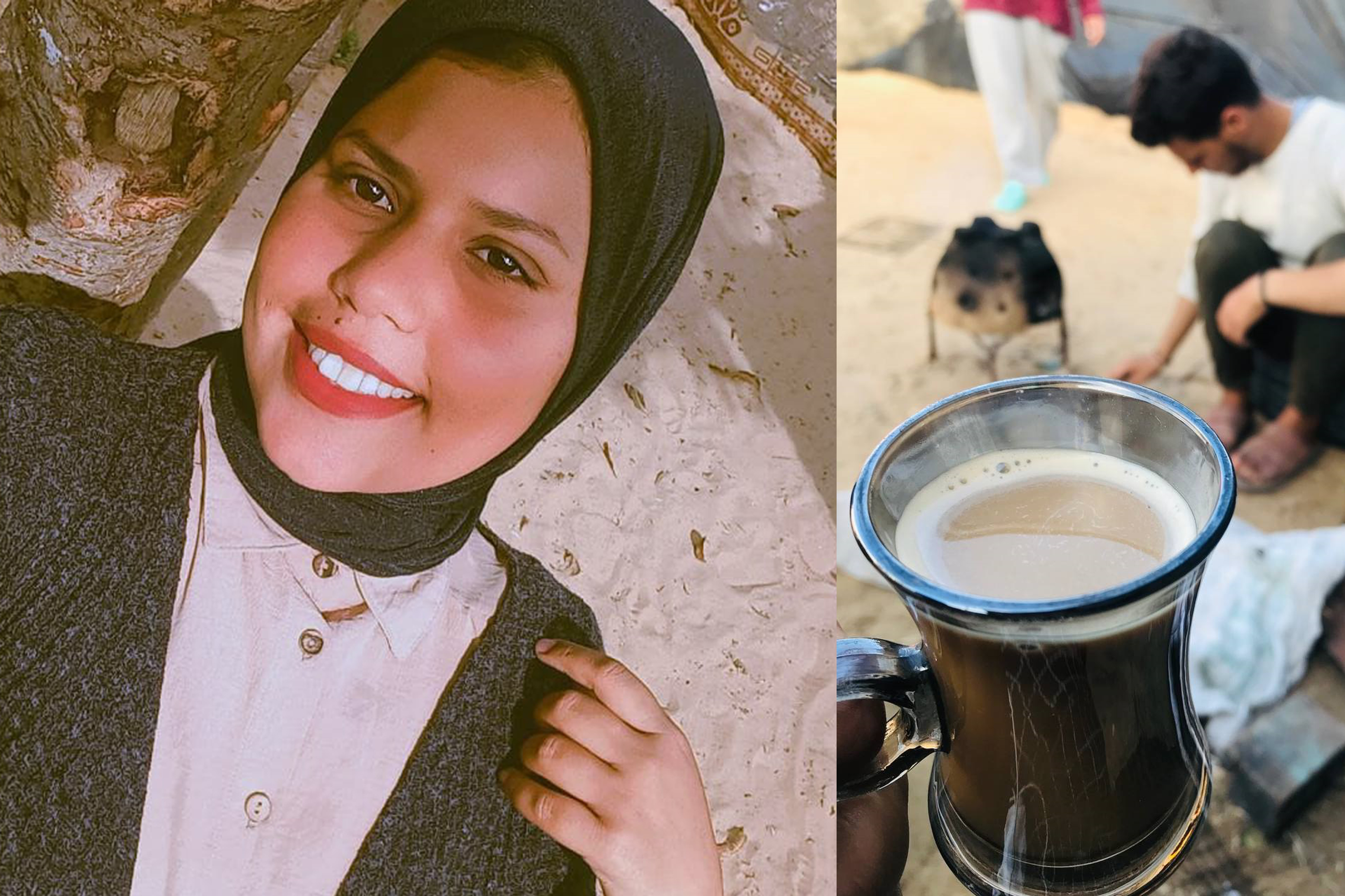 A collage of a photo of a woman smiling and another photo of a glass of arabic coffee