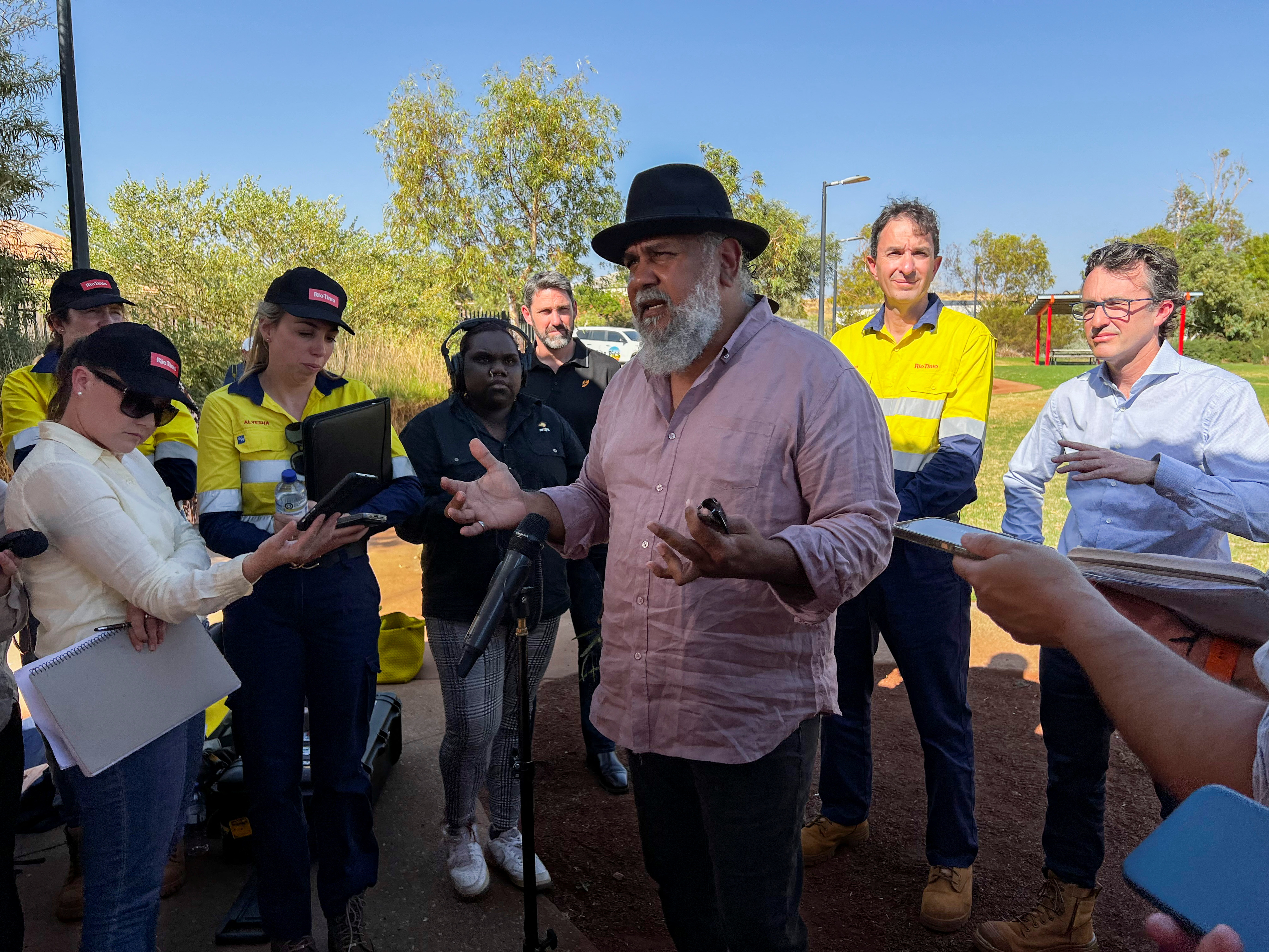 Yindjibarndi Aboriginal Corporation CEO Michael Woodley addresses the media at the group’s cultural centre.
