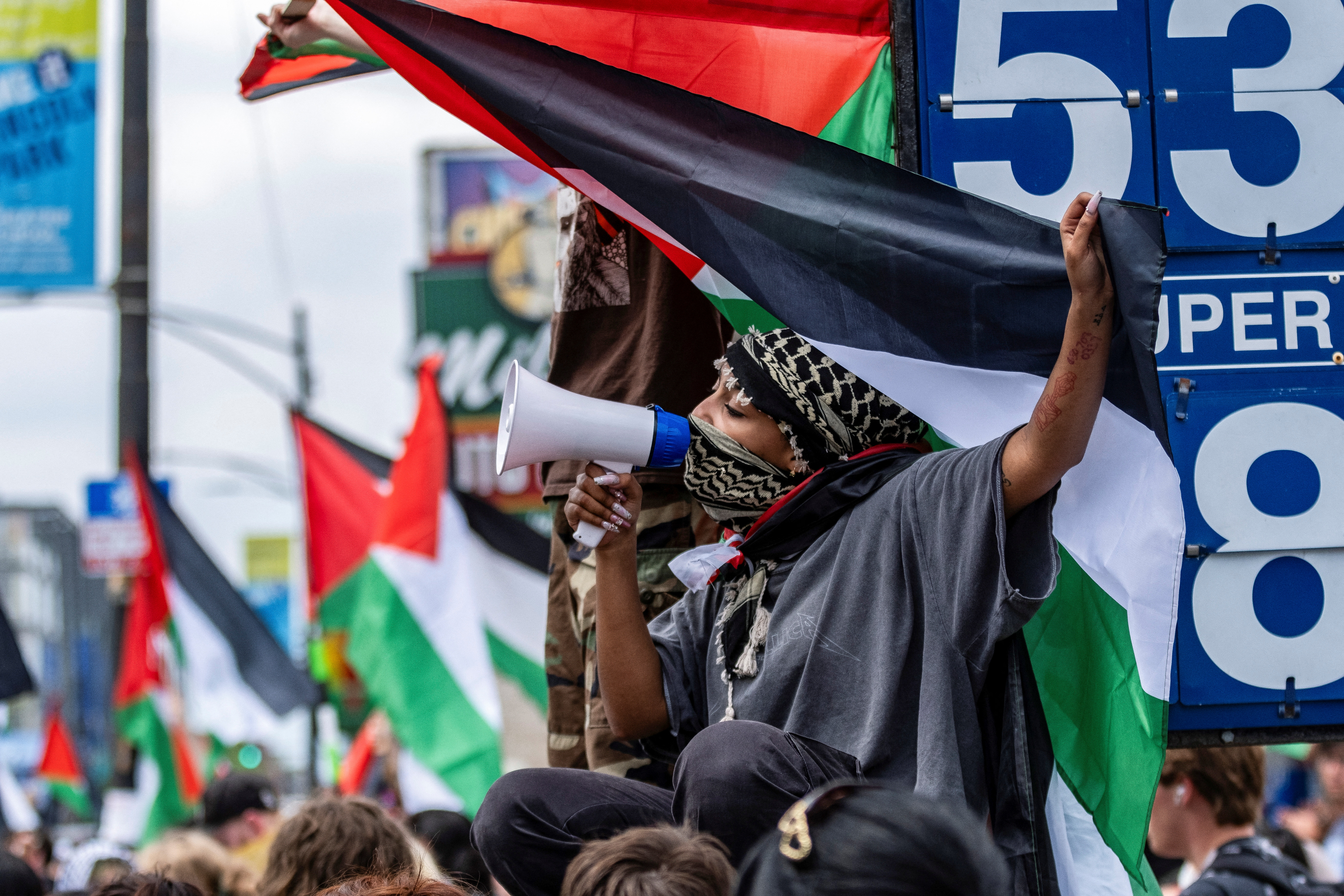 Demonstrators rally outside of a pro-Palestinian encampment that was dismantled by police, as the conflict between Israel and the Palestinian Islamist group Hamas continues, at DePaul university in Chicago