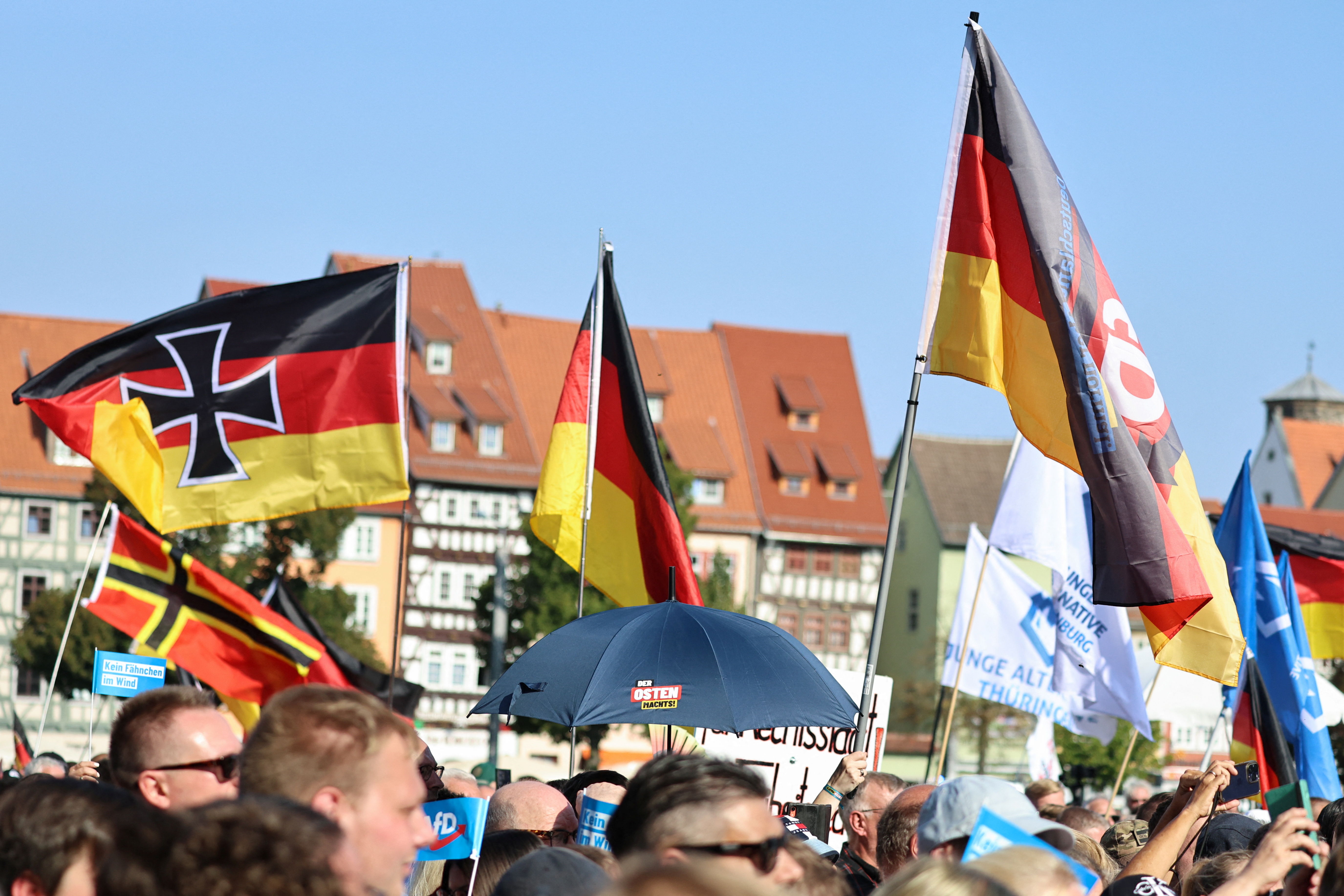 People hold flags during an election campaign rally of Alternative for Germany (AfD) party [File: Karina Hessland/Reuters]