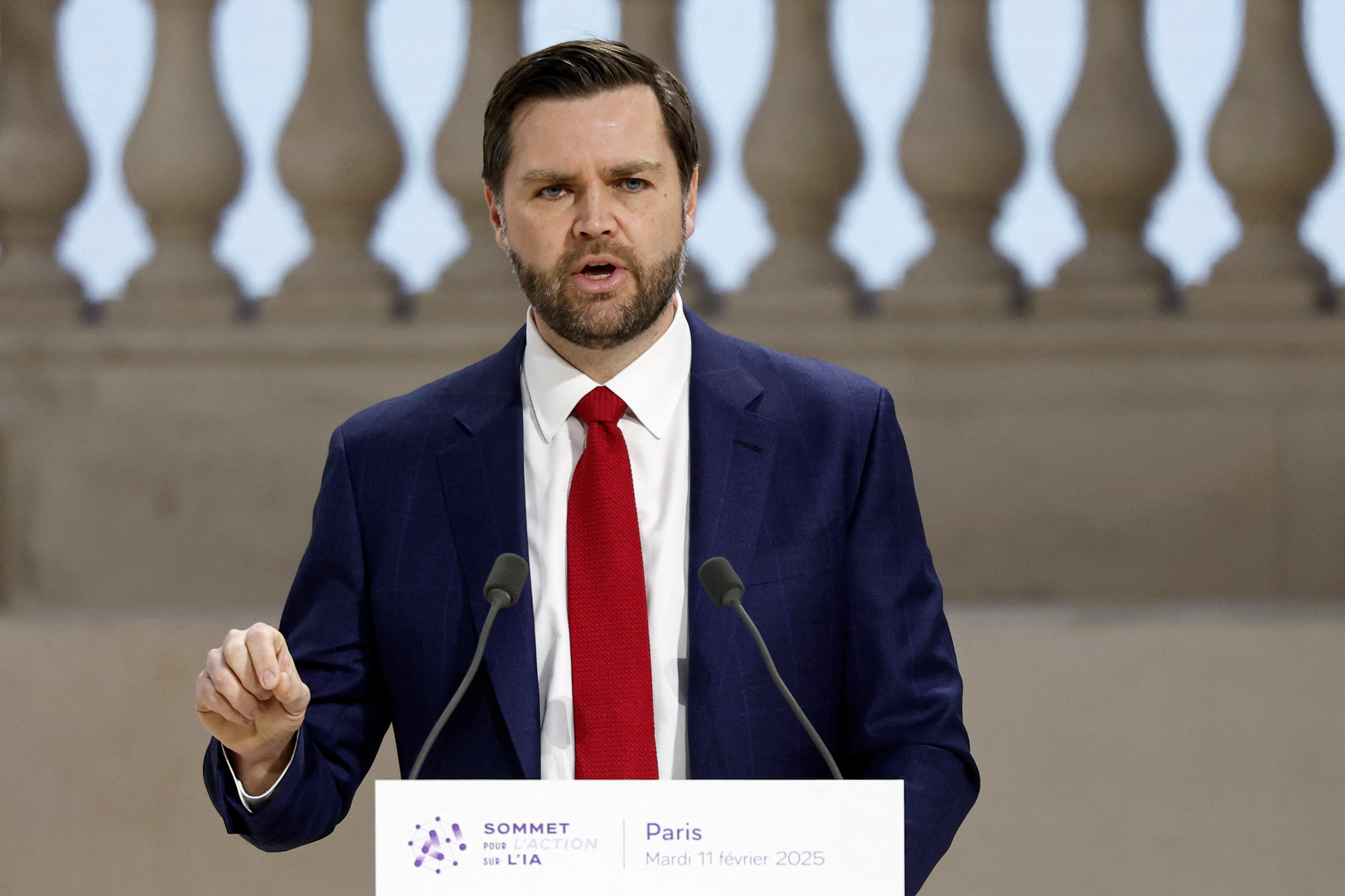 U.S. Vice President JD Vance delivers a speech during the plenary session of the Artificial Intelligence (AI) Action Summit at the Grand Palais in Paris, France, February 11, 2025. REUTERS/Benoit Tessier