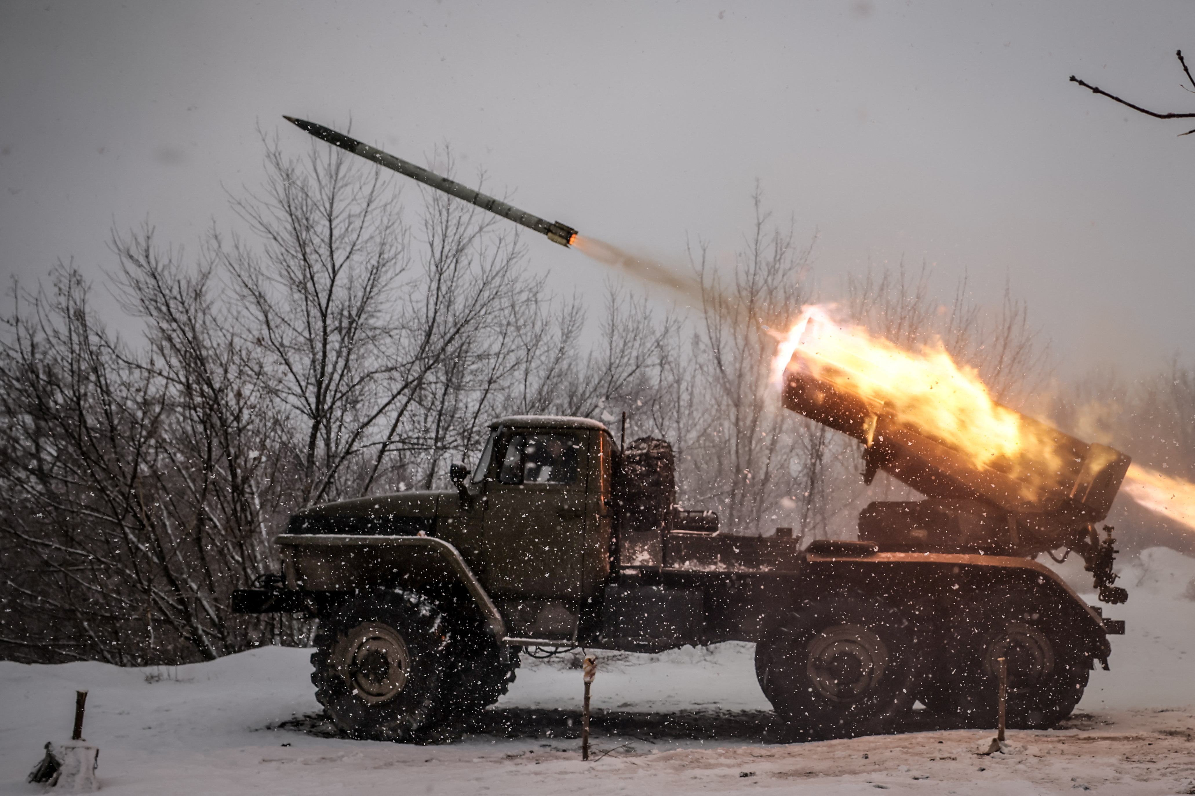 Ukrainian forces fire a BM-21 Grad multiple-launch rocket system towards Russian troops, on a front line near the town of Chasiv Yar in the Donetsk region, Ukraine, on February 15, 2025 [Handout/Ukrainian Armed Forces/Oleg Petrasiuk via Reuters]