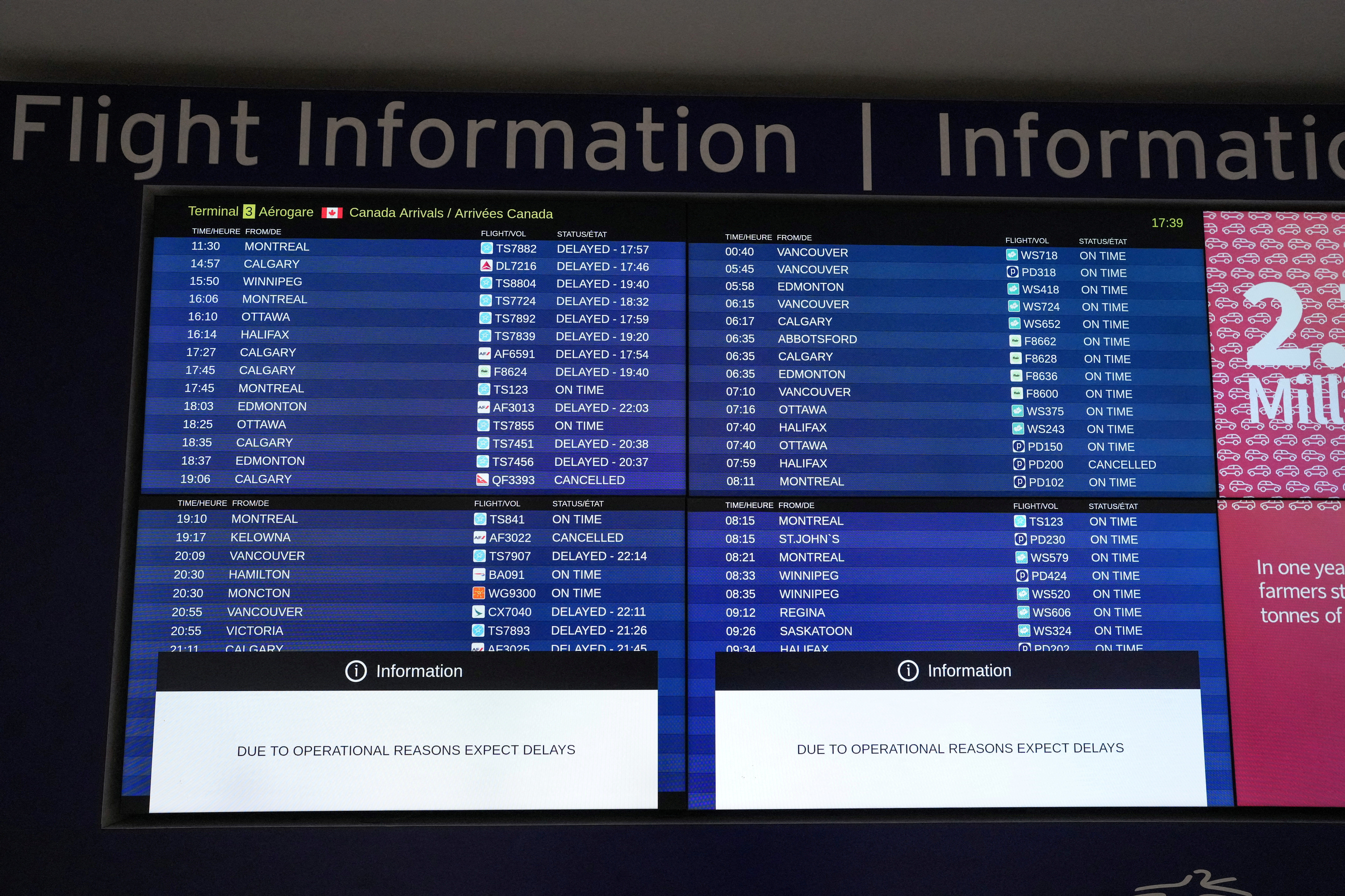 Sign boards list delayed and cancelled flights inside the arrivals hall of Terminal 3 after a Delta Air Lines plane crash at Toronto Pearson International Airport in Mississauga, Ontario, Canada, February 17, 2025.
