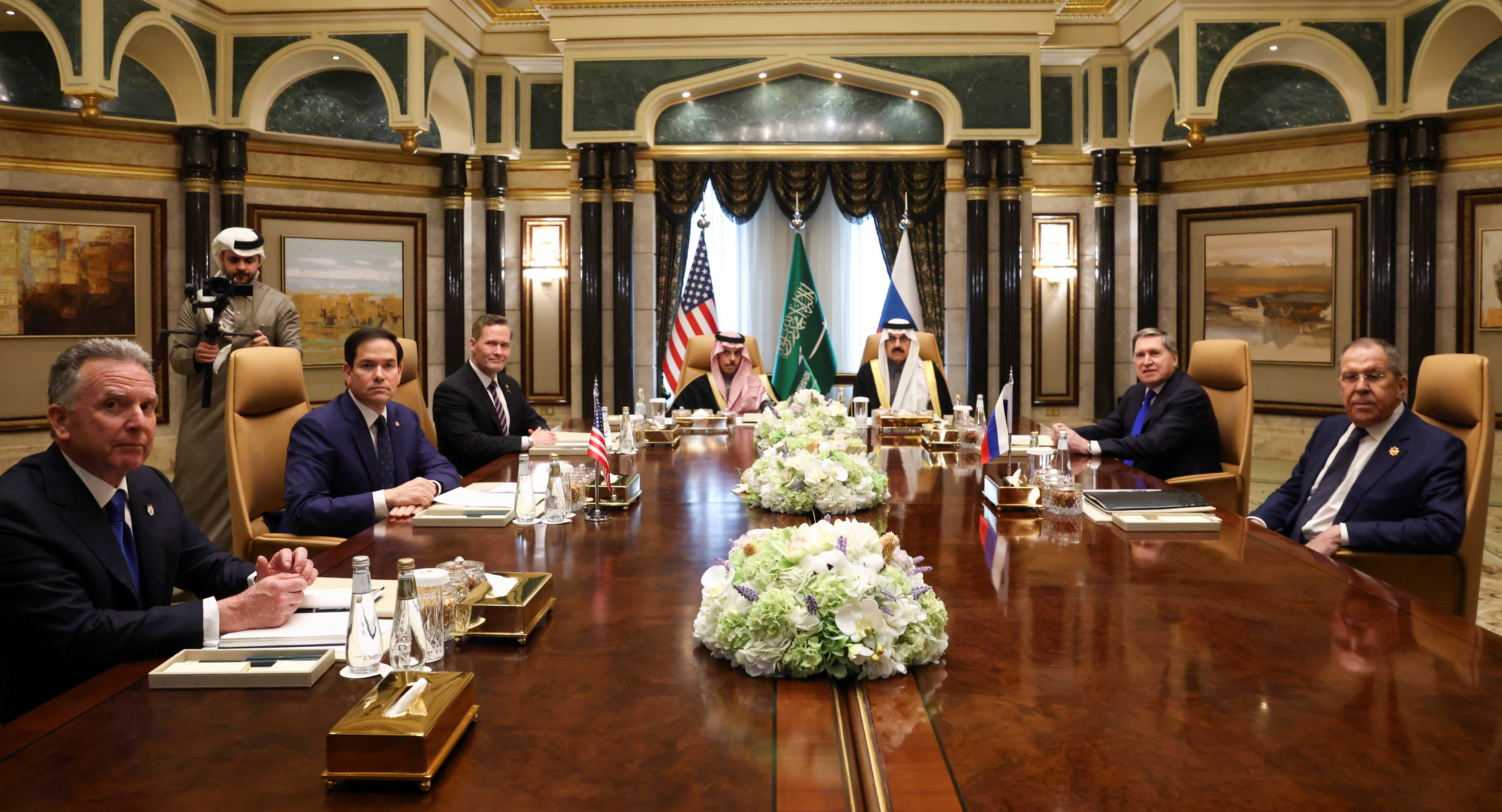 US Secretary of State Marco Rubio meets with Saudi Foreign Minister Prince Faisal bin Farhan Al Saud, Saudi National Security Advisor Mosaad bin Mohammad Al-Aiban, U.S. National Security Advisor Mike Waltz, U.S. Middle East envoy Steve Witkoff, Russian Foreign Minister Sergei Lavrov and Russian President Vladimir Putin's foreign policy advisor Yuri Ushakov, at Diriyah Palace, in Riyadh, Saudi Arabia, February 18, 2025.