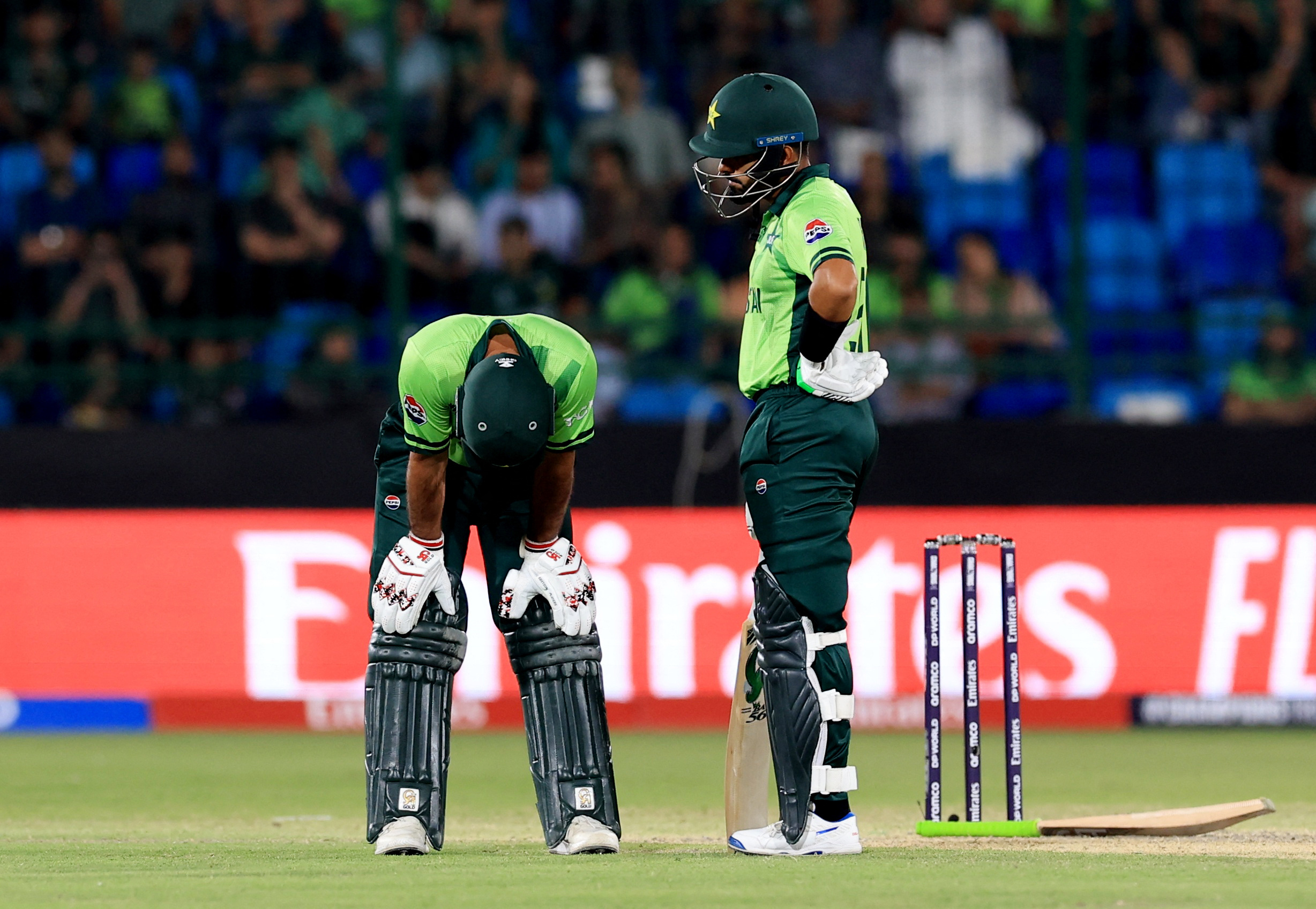 Cricket - ICC Men's Champions Trophy - Group A - Pakistan v New Zealand - National Stadium, Karachi, Pakistan - February 19, 2025 Pakistan's Babar Azam and Fakhar Zaman during the match REUTERS/Akhtar Soomro