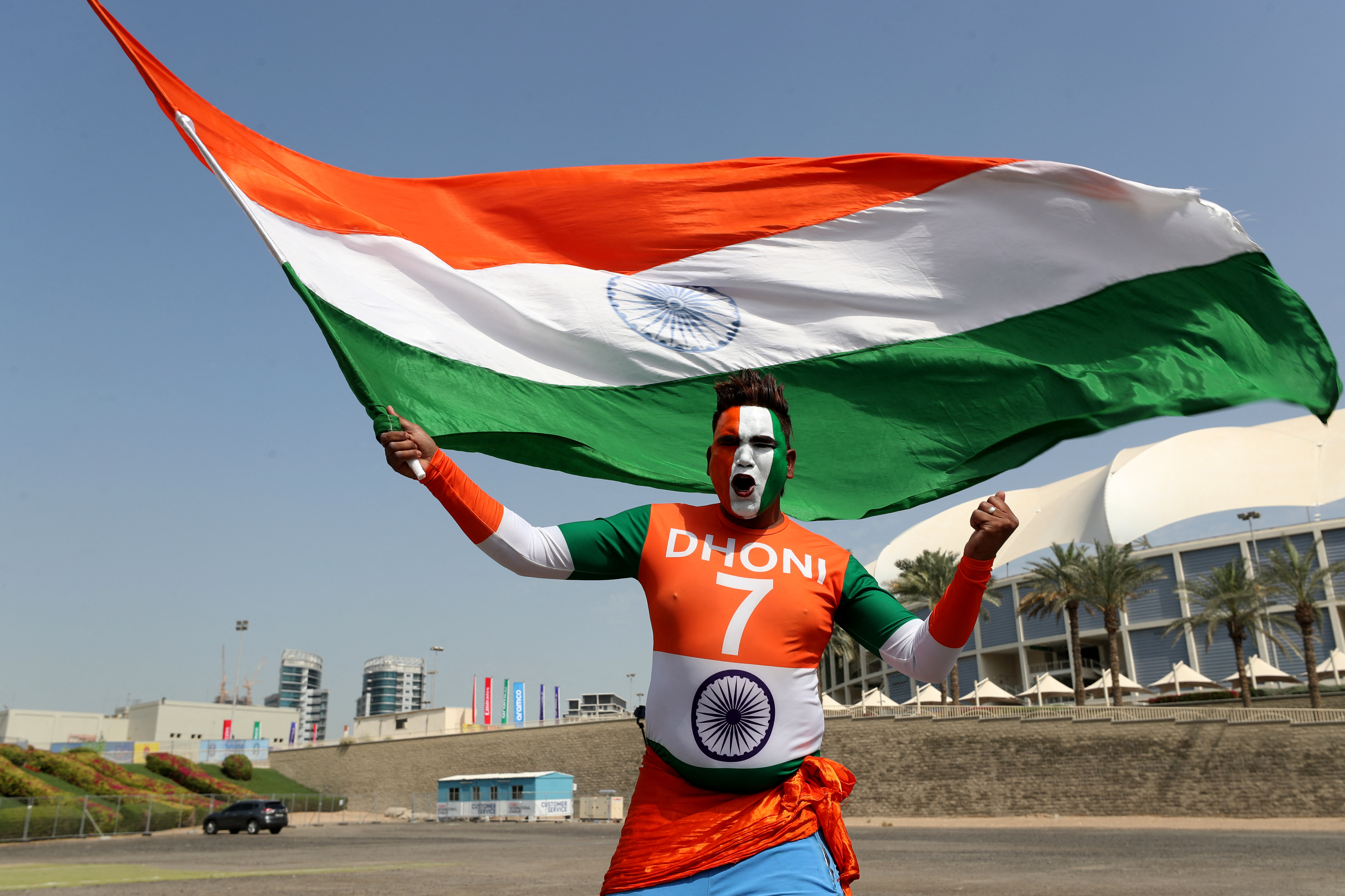 Cricket - ICC Men's Champions Trophy - Fans gather for Bangladesh v India - Dubai International Stadium, Dubai, United Arab Emirates - February 20, 2025 India fan is seen outside the stadium before the match REUTERS/Satish Kumar
