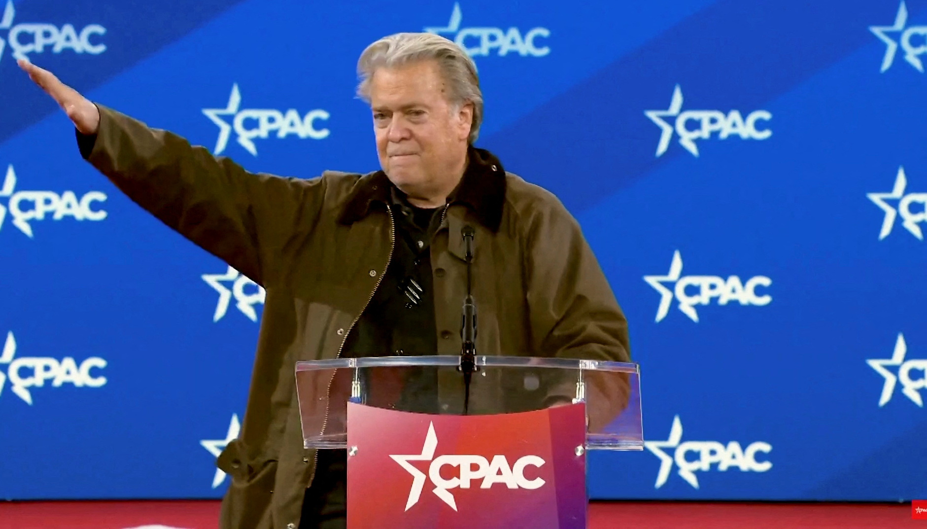 Steve Bannon gestures during a speech to the Conservative Political Action Conference (CPAC)