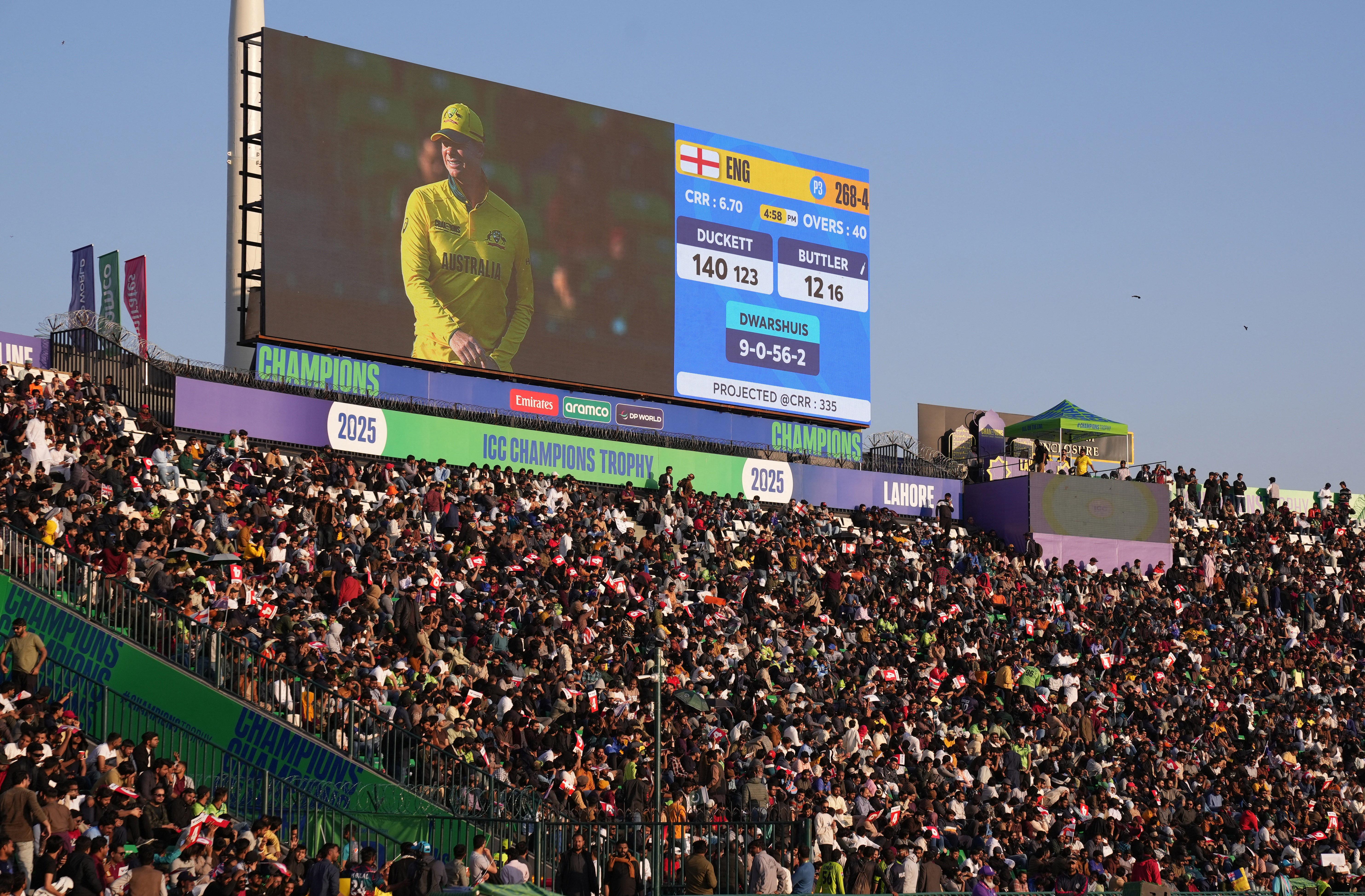 Cricket - ICC Men's Champions Trophy - Group B - Australia v England - Gaddafi Stadium, Lahore, Pakistan - February 22, 2025 Australia's Steven Smith is seen on a big screen REUTERS/Nida Mehboob