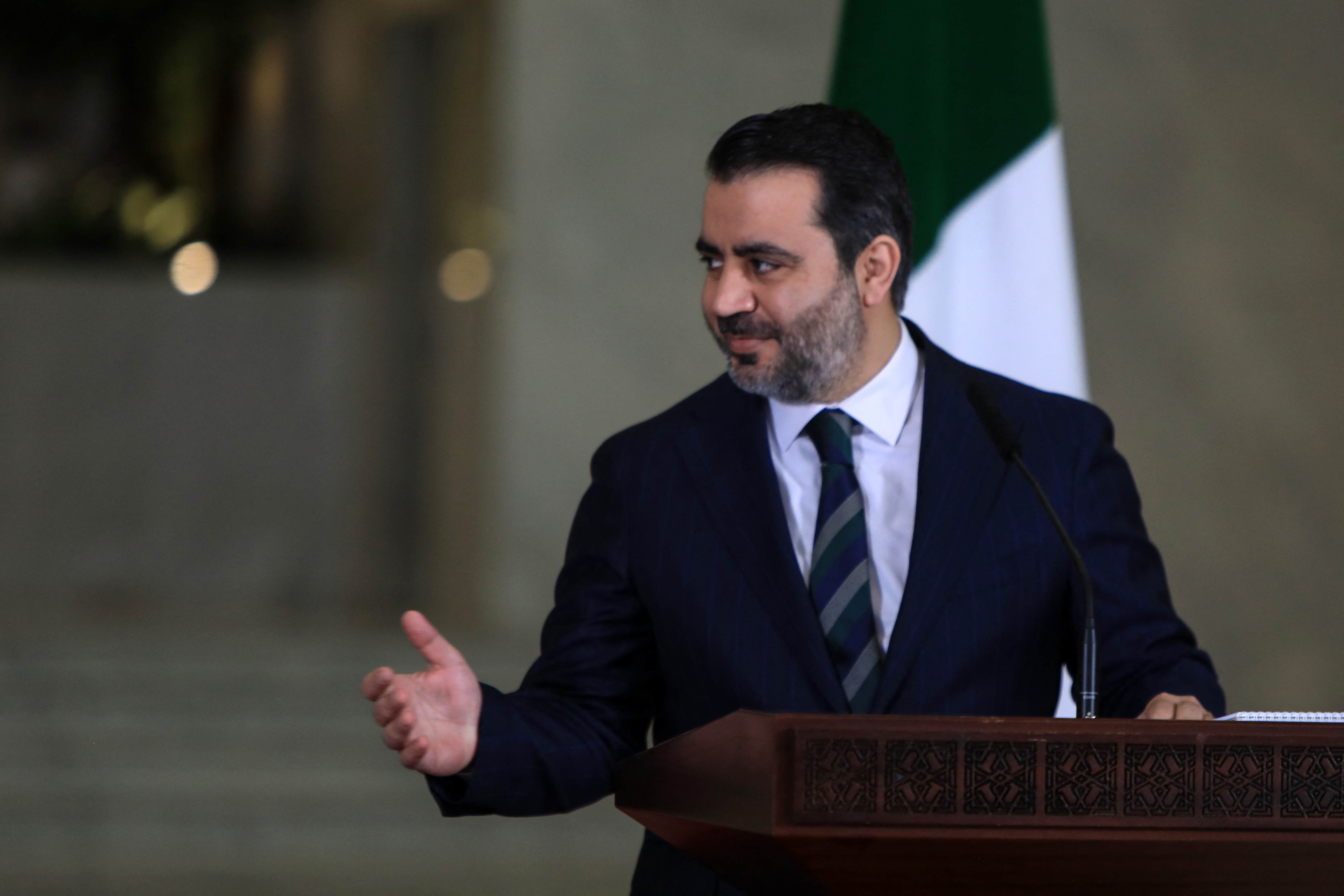 Syria's Foreign Minister Asaad al-Shaibani speaks during a joint press conference with his Saudi counterpart in Damascus