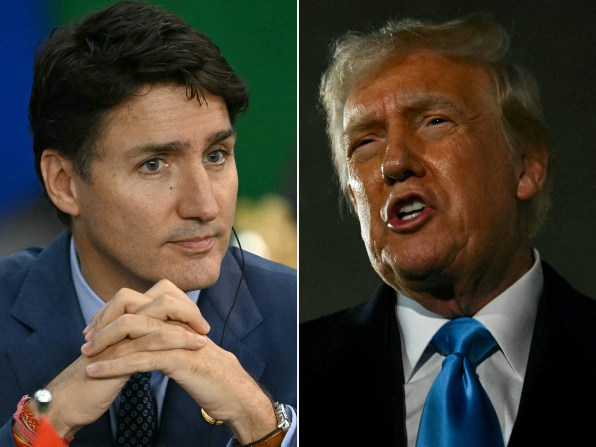 (COMBO) This combination of pictures created on February 03, 2025 shows Canada's Prime Minister Justin Trudeau in Rio de Janeiro, Brazil, on November 19, 2024 and US President Donald Trump at Joint Base Andrews in Maryland on February 2, 2025. US President Donald Trump said he had spoken on February 3, 2025, to Prime Minister Justin Trudeau about the punishing tariffs he has levied on Canada, adding that they would talk again later in the day. (Photo by Mauro PIMENTEL and Jim WATSON / AFP)