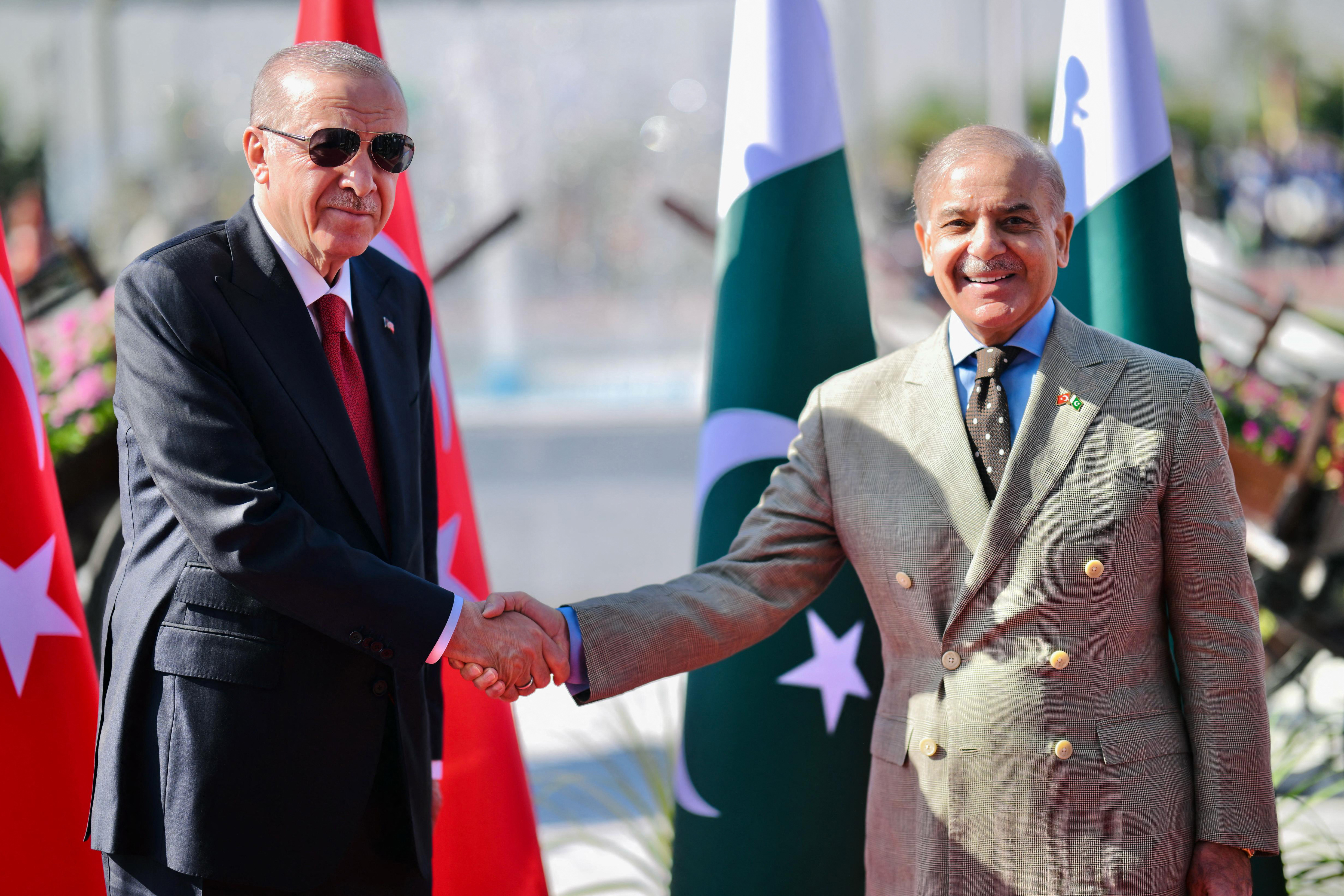 urkey's President Recep Tayyip Erdogan (L) shaking hands with Pakistan's Prime Minister Shehbaz Sharif