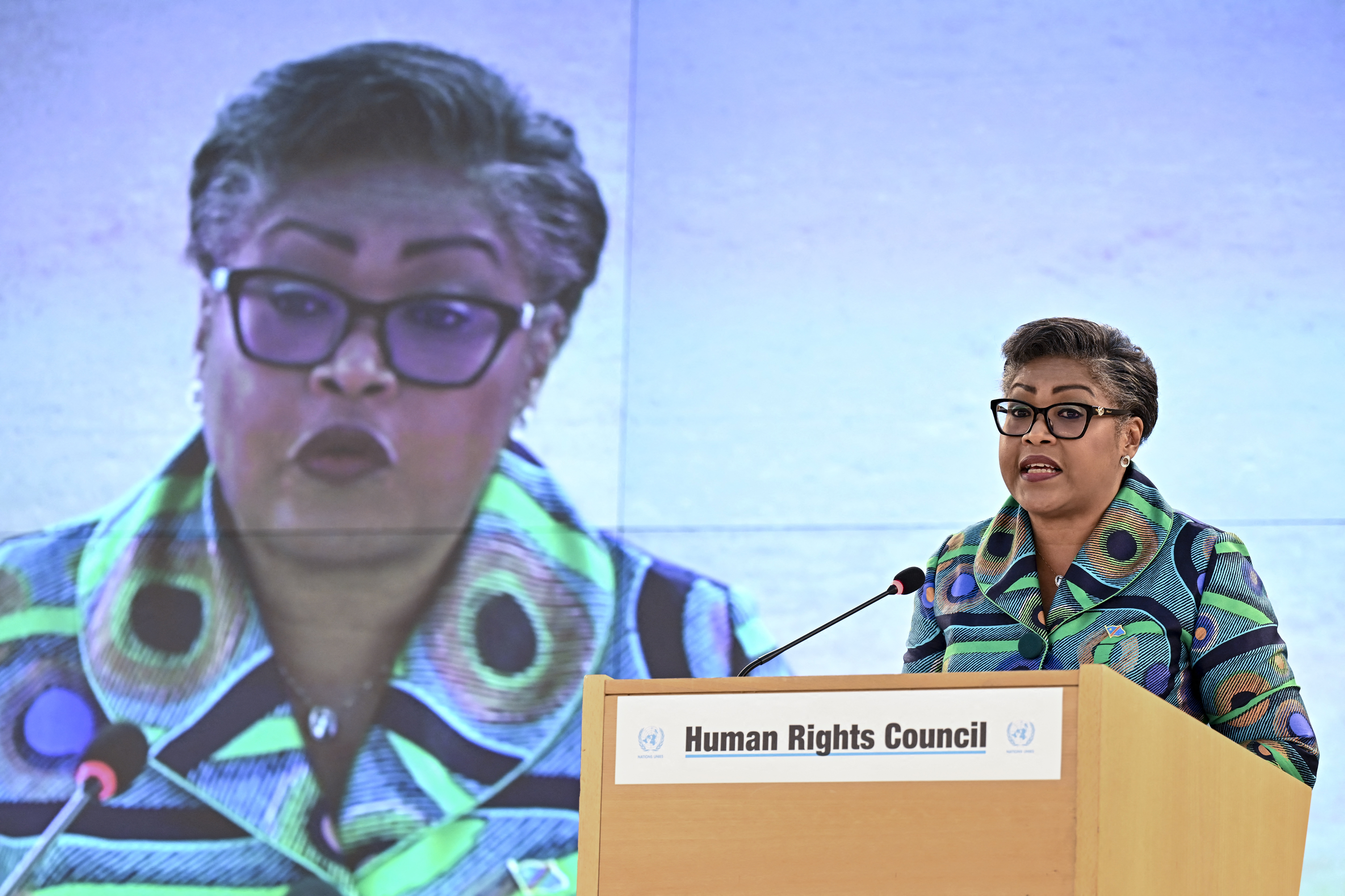 Democratic Republic of Congo (DRC) Prime Minister Judith Suminwa delivers a speech at the opening of the 58th session of the United Nations Human Rights Council in Geneva