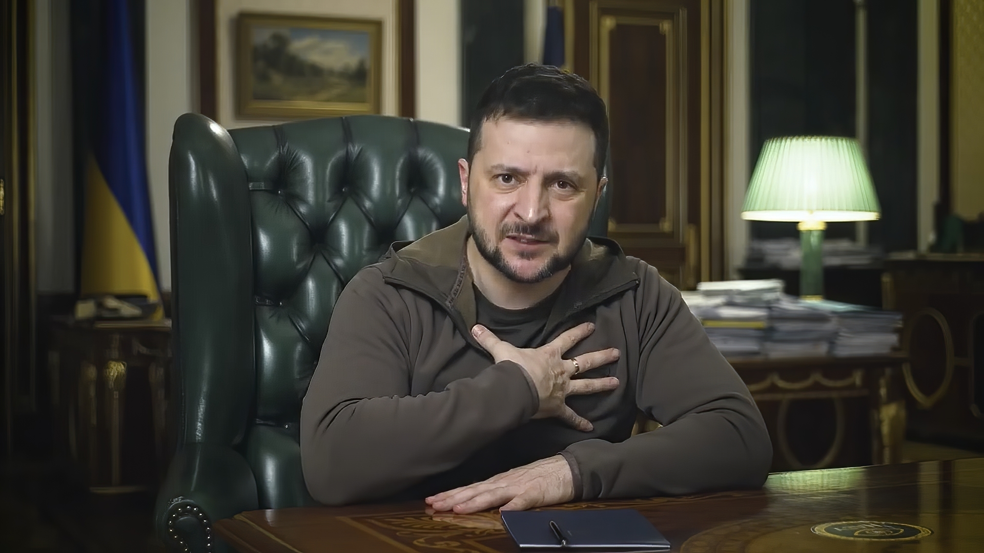 In this image from video provided by the Ukrainian Presidential Press Office, Ukrainian President Volodymyr Zelenskyy speaks from Kyiv, Ukraine, Saturday, April 16, 2022. (Ukrainian Presidential Press Office via AP)