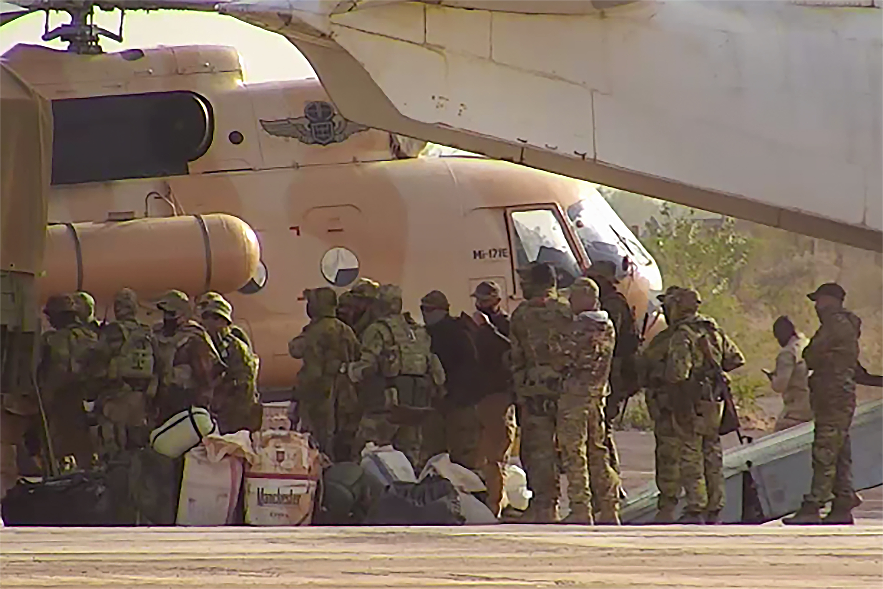 Russian mercenaries boarding a helicopter in northern Mali. (