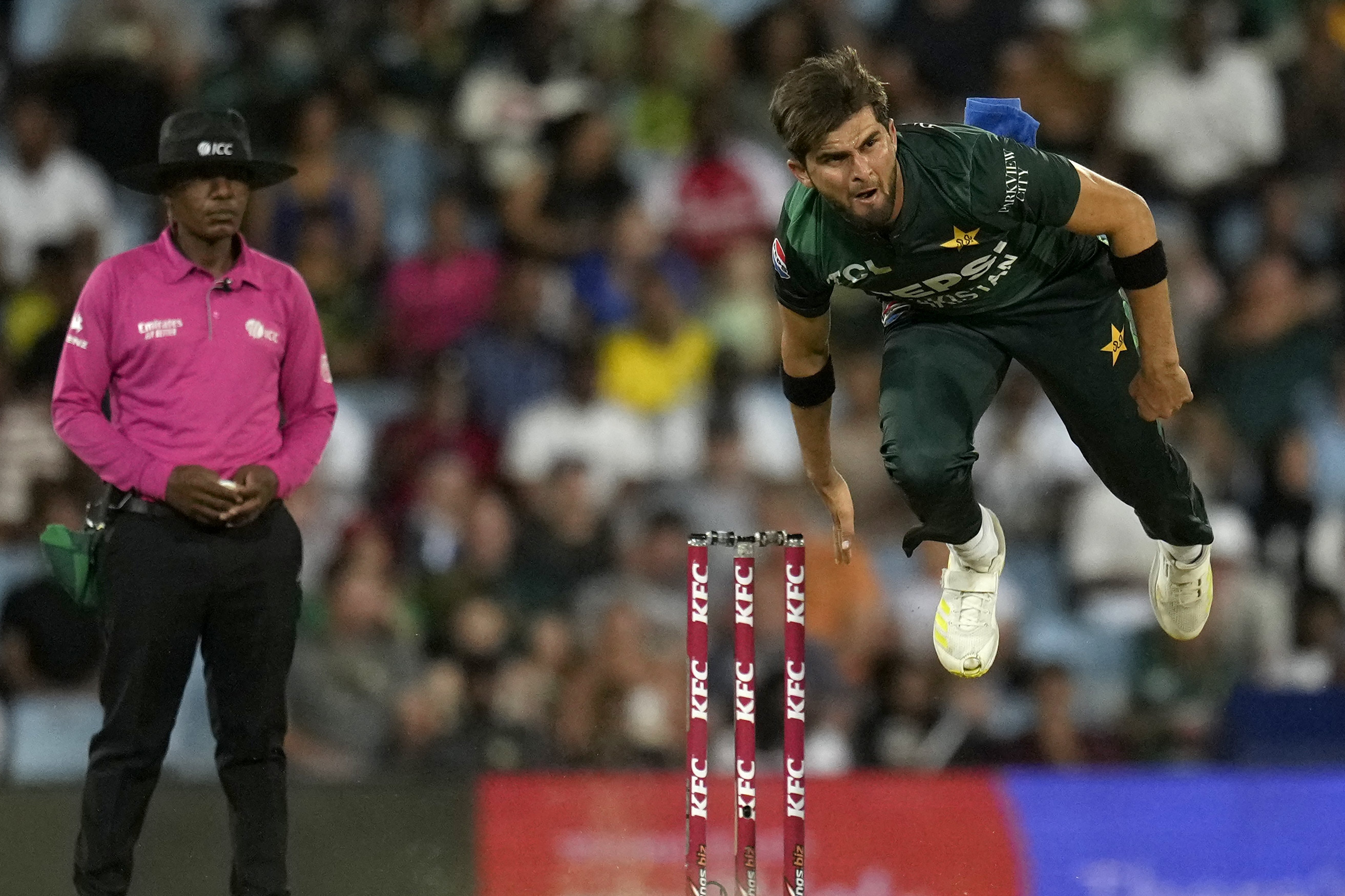 Pakistan's Shaheen Shah Afridi follows through his bowling during the second T20 International cricket match between South Africa and Pakistan, at Centurion Park in Centurion, South Africa, Friday, Dec. 13, 2024. (AP Photo/Themba Hadebe)