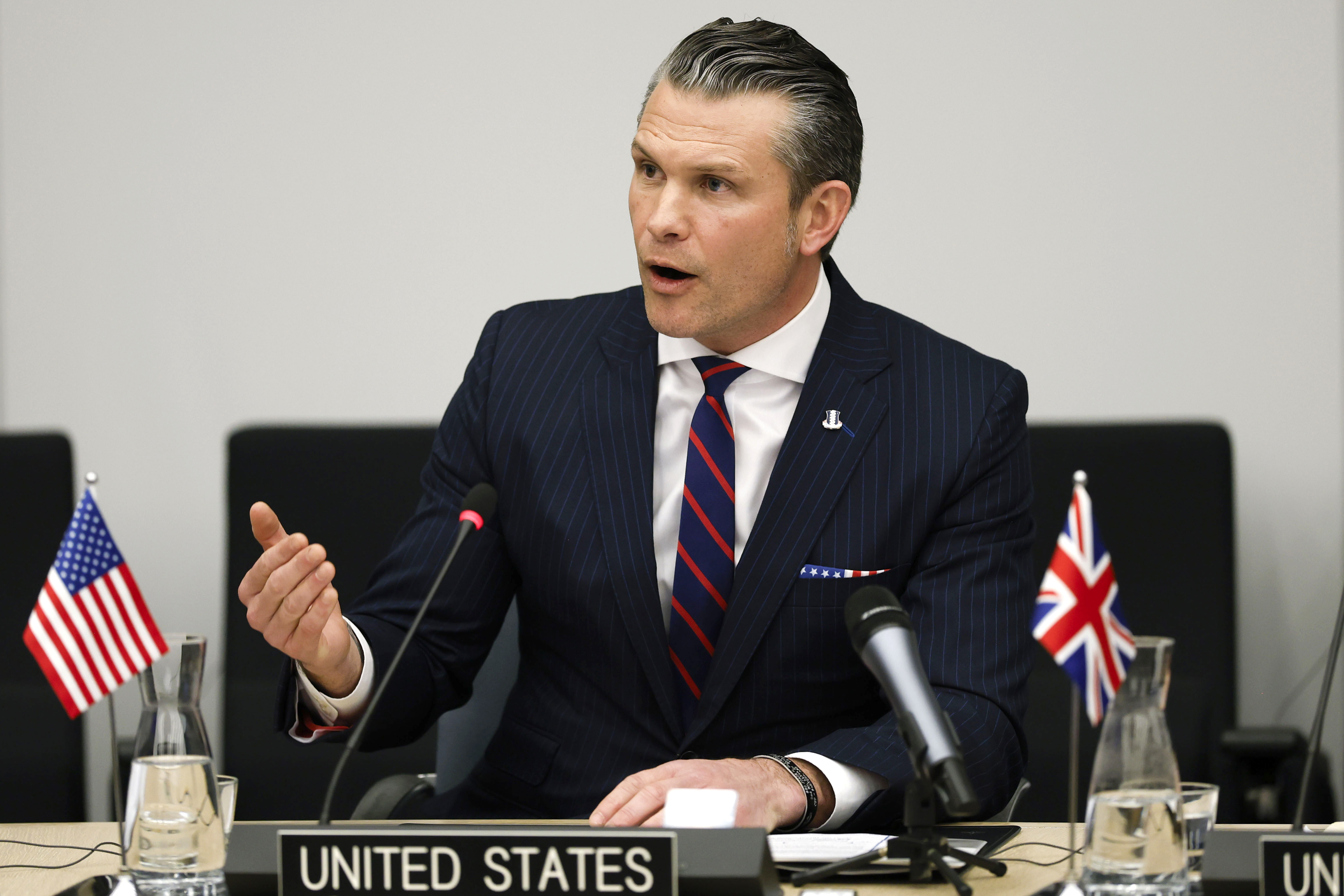 United States Secretary of Defense Pete Hegseth speaks during a meeting of the Ukraine Defense Contact group at NATO headquarters in Brussels, Wednesday, Feb. 12, 2025. (AP Photo/Omar Havana)