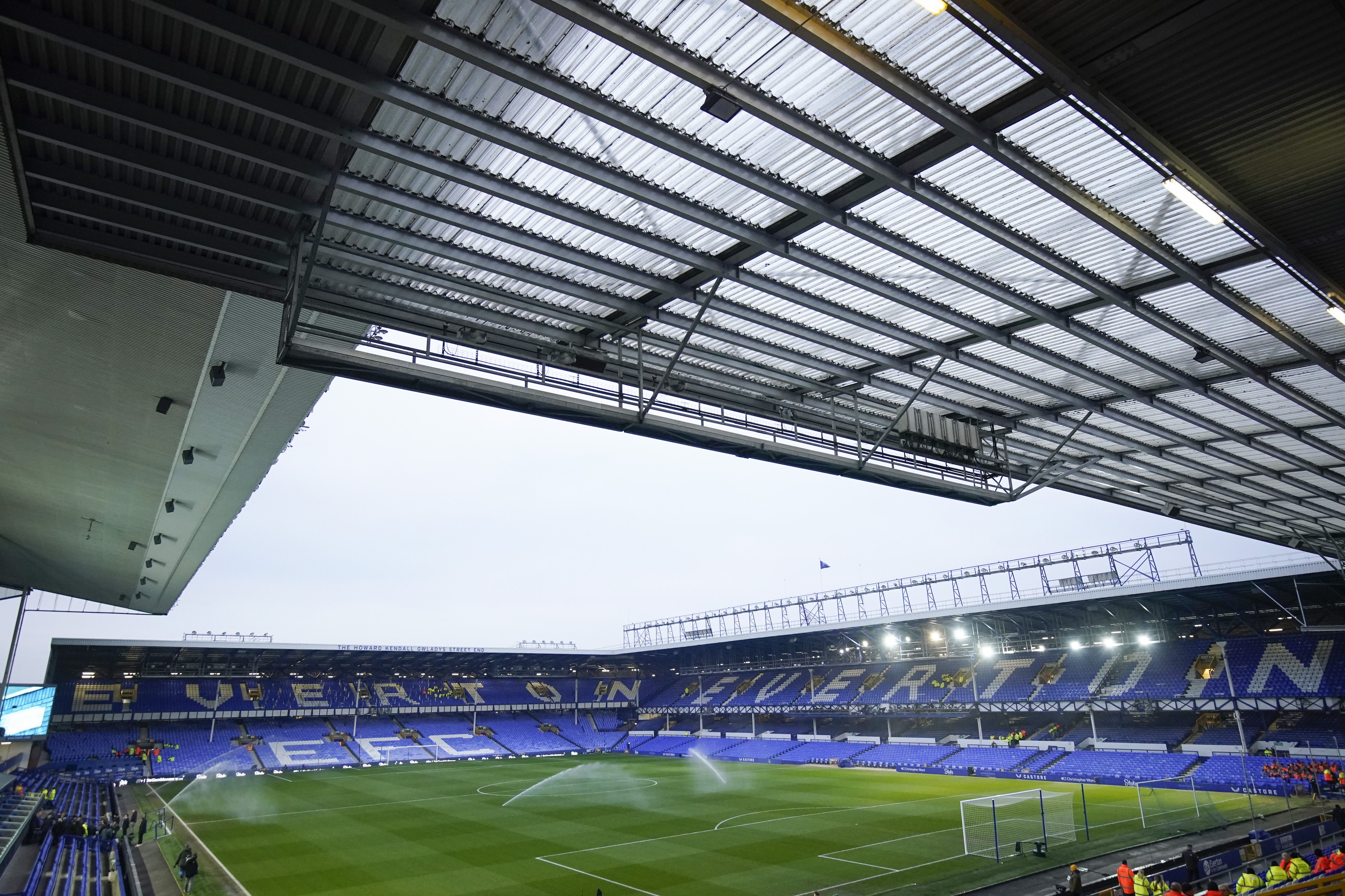 A general view of Goodison Park stadium ahead of the English Premier League soccer match between Everton and Liverpool, Liverpool, England, Wednesday, Feb.12, 2025. (AP Photo/Dave Thompson)