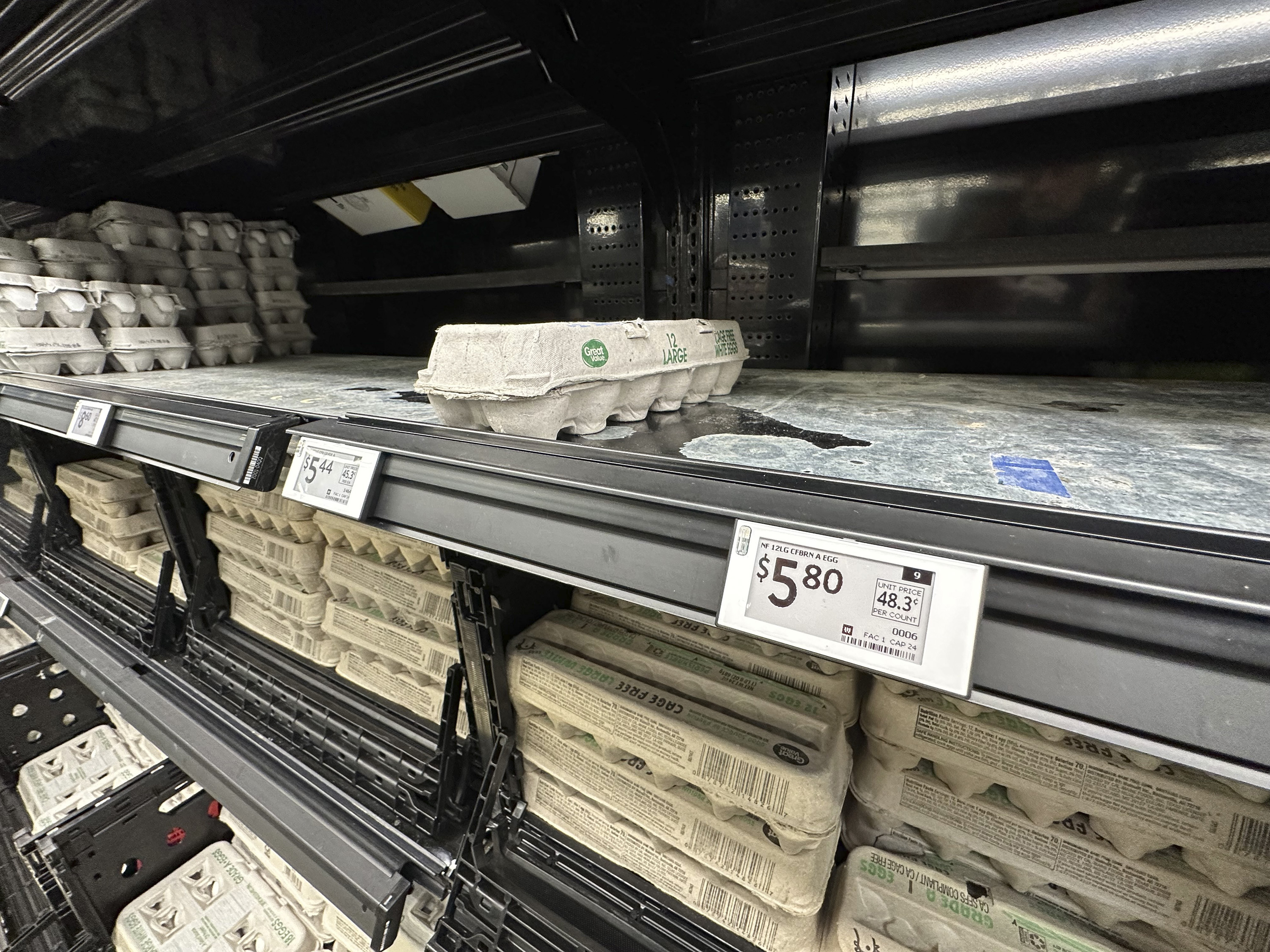 The price for a dozen eggs is displayed on the edge of a near-empty shelf in a refrigerated case in a Walmart store.