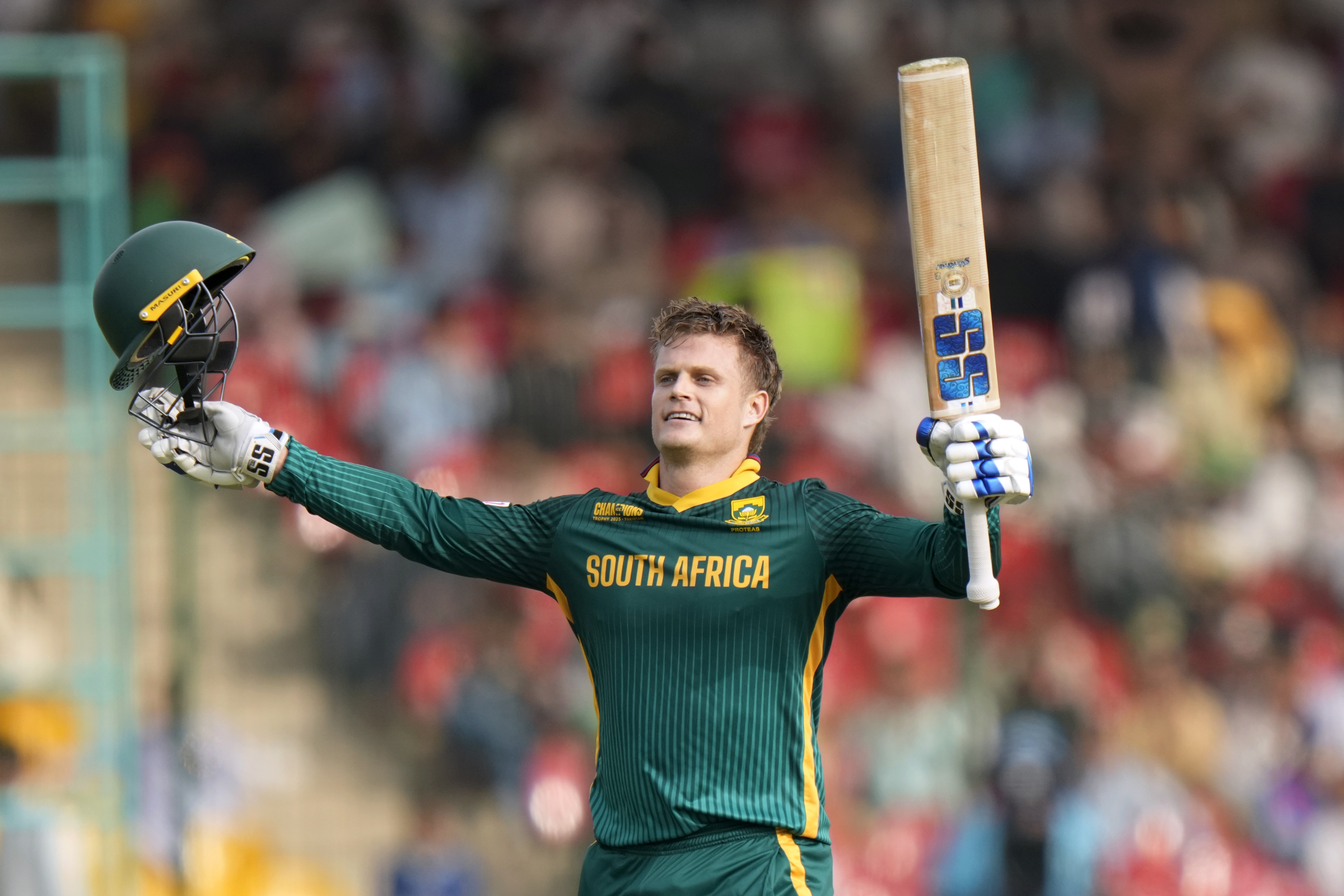 South Africa's Ryan Rickelton celebrates after scoring century during the ICC Champions Trophy cricket match between Afghanistan and South Africa, in Karachi, Pakistan Friday, Feb. 21, 2025. (AP Photo/Anjum Naveed)