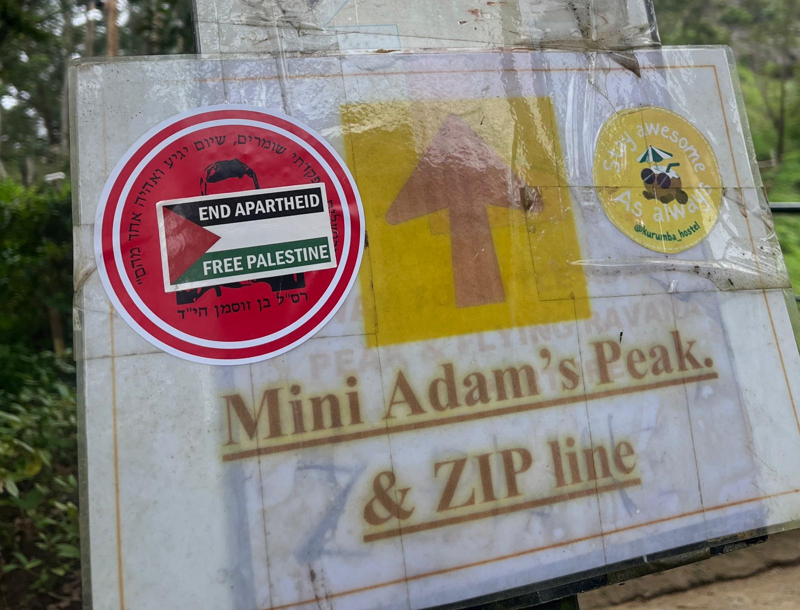 A pro-Palestine sticker seen on a signboard in Ella, central Sri Lanka