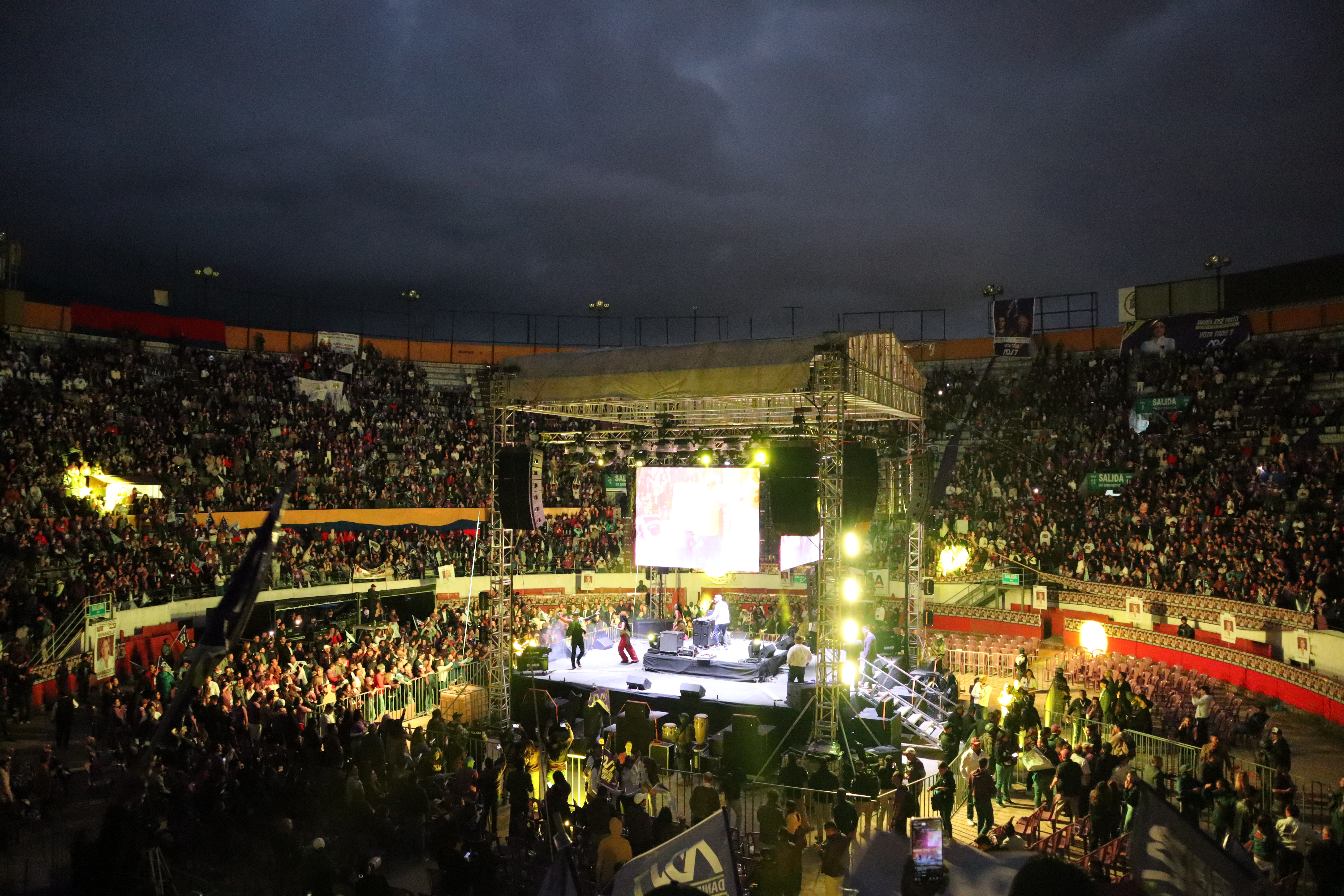 The stadium in Quito at the Plaza de Toros where Daniel Noboa's final campaign rally is taking place.