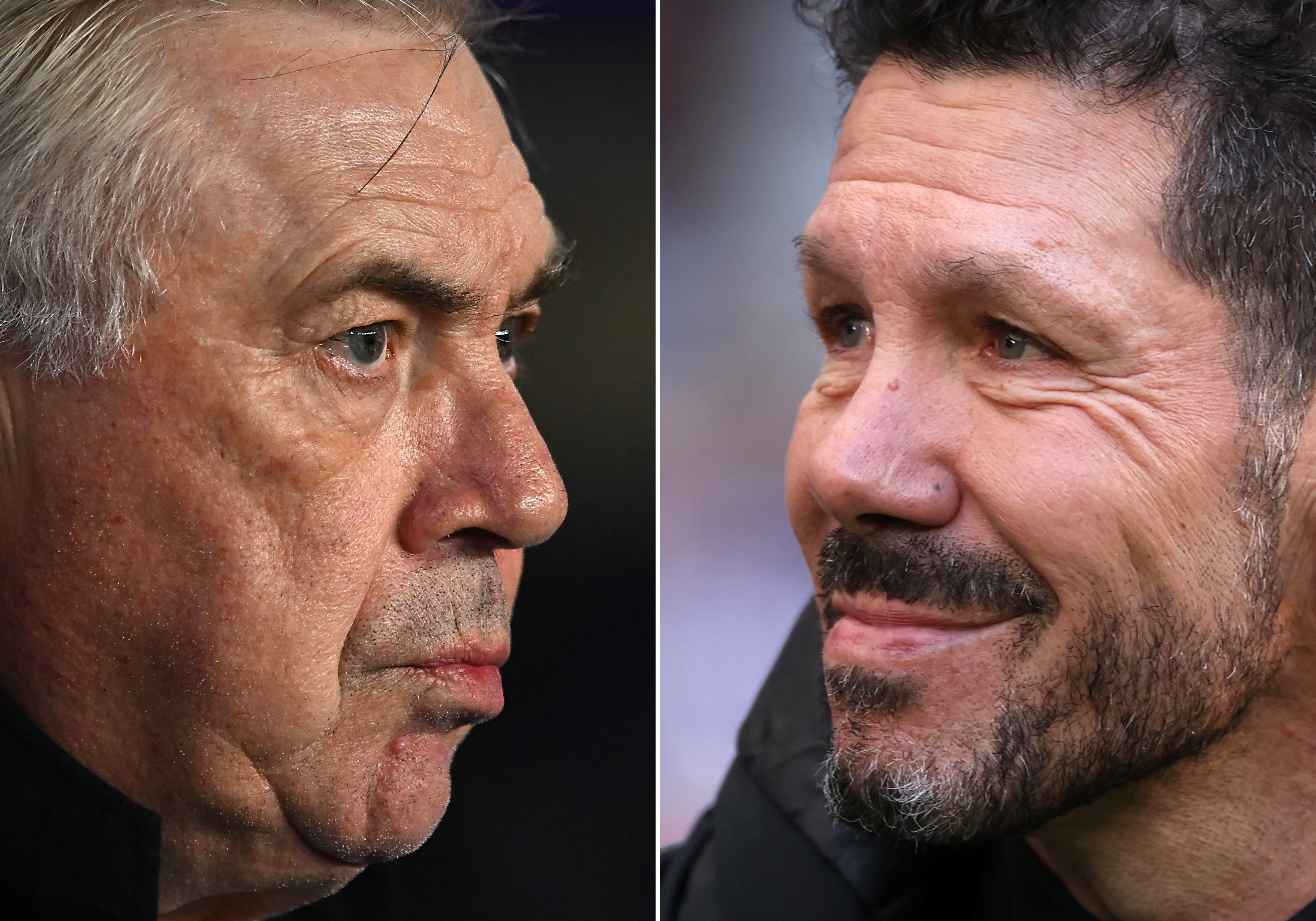 FILE PHOTO (EDITORS NOTE: COMPOSITE OF IMAGES - Image numbers 2196173511, 2190053489) In this composite image a comparison has been made Carlo Ancelotti, Head Coach of Real Madrid (L) and Diego Simeone, Head Coach of Atletico de Madrid. Real Madrid and Atletico de Madrid meet in the Madrid Derby in a La Liga fixture on February 8,2025 at the Estadio Santiago Bernabeu in Madrid, Spain. ***LEFT IMAGE*** VALLADOLID, SPAIN - JANUARY 25: Carlo Ancelotti, Head Coach of Real Madrid, looks on prior to the LaLiga match between Real Valladolid CF and Real Madrid CF at Jose Zorrilla on January 25, 2025 in Valladolid, Spain. (Photo by Denis Doyle/Getty Images) ***RIGHT IMAGE*** MADRID, SPAIN - DECEMBER 15: Diego Simeone, Head Coach of Atletico de Madrid, looks on prior to the LaLiga match between Atletico de Madrid and Getafe CF at Riyadh Air Metropolitano on December 15, 2024 in Madrid, Spain. (Photo by Florencia Tan Jun/Getty Images) (Photo by Denis Doyle/Florencia Tan Jun/Getty Images)