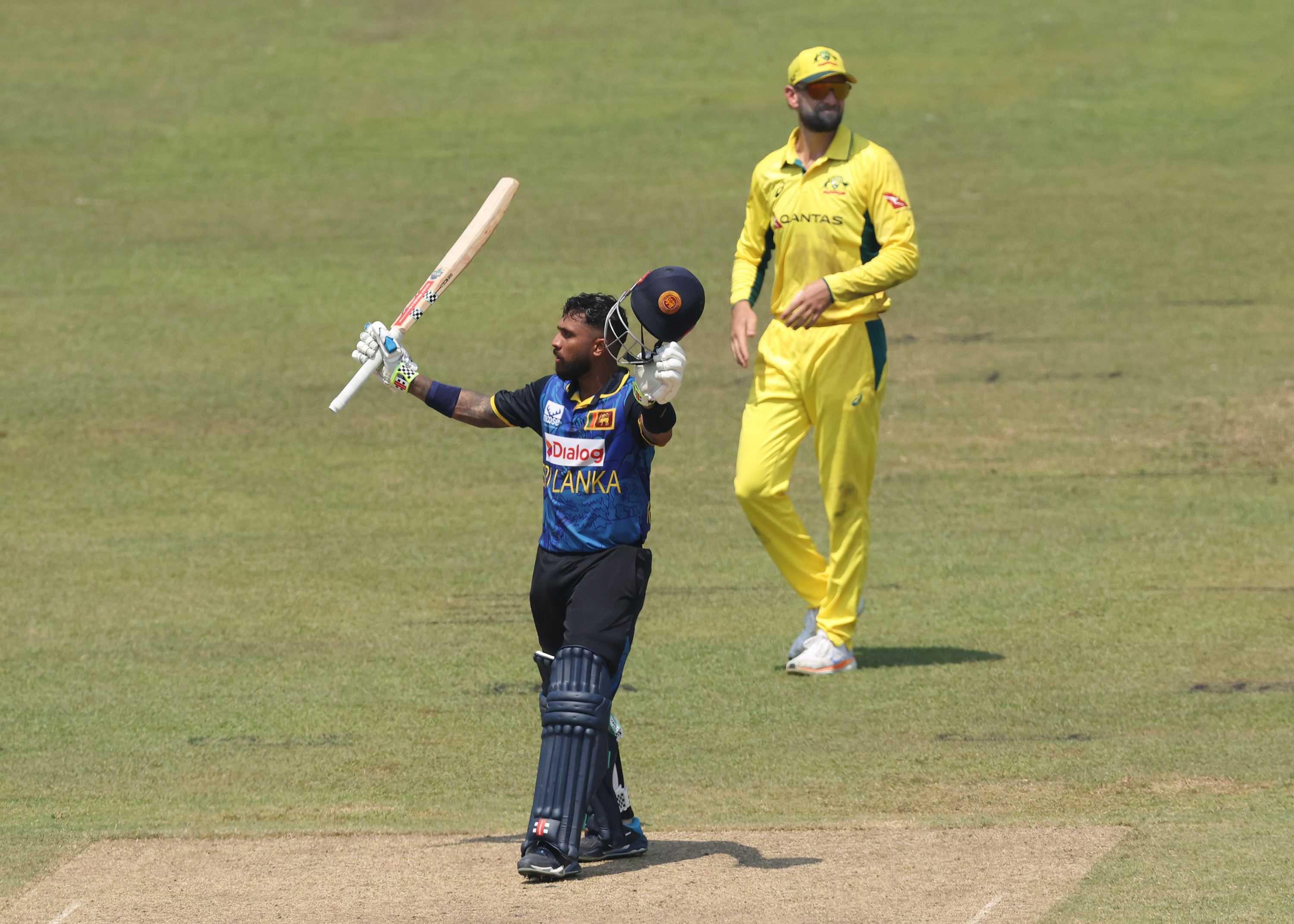 GALLE, SRI LANKA - FEBRUARY 14: Kusdal Mendis of Sri Lanka celebrates after scoring a century during the ODI match between Sri Lanka and Australia at R. Premadasa Stadium on February 14, 2025 in Galle, Sri Lanka. (Photo by Buddhika Weerasinghe/Getty Images)