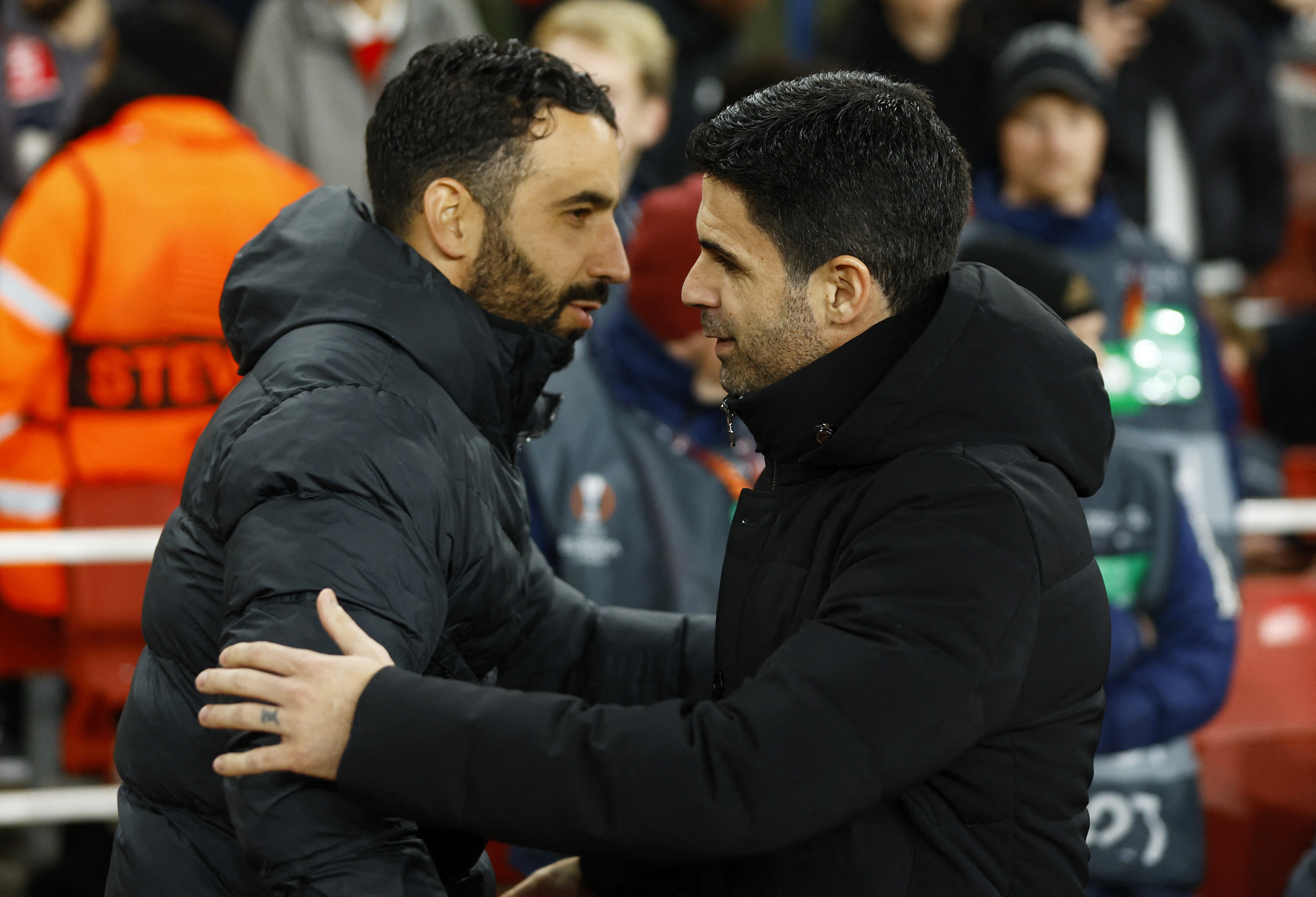Soccer Football - Europa League - Round of 16 - Second Leg - Arsenal v Sporting CP - Emirates Stadium, London, Britain - March 16, 2023 Arsenal manager Mikel Arteta with Sporting CP coach Ruben Amorim before the match Action Images via Reuters/John Sibley