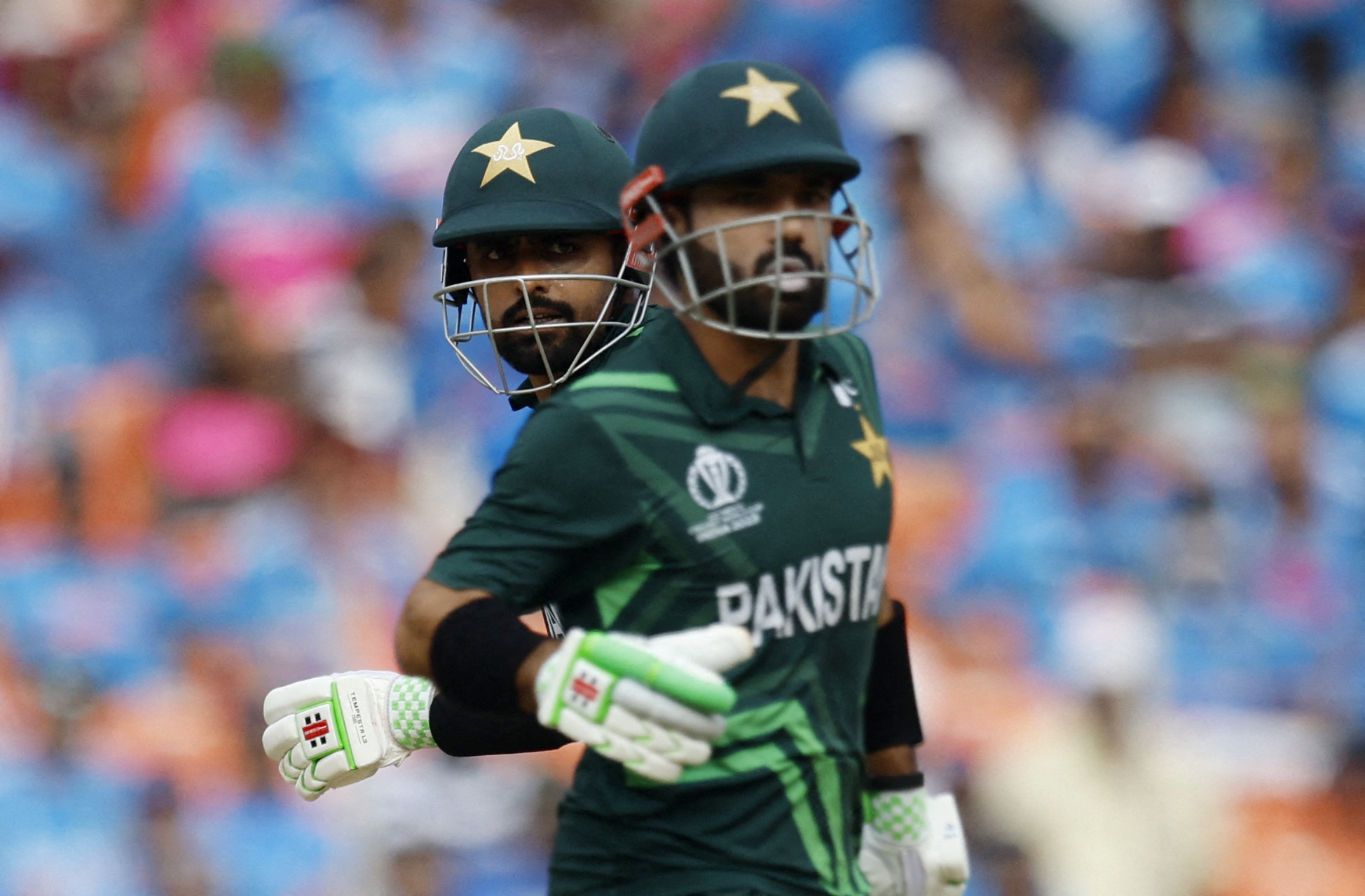 Pakistan's Mohammad Rizwan and Babar Azam running between wickets.