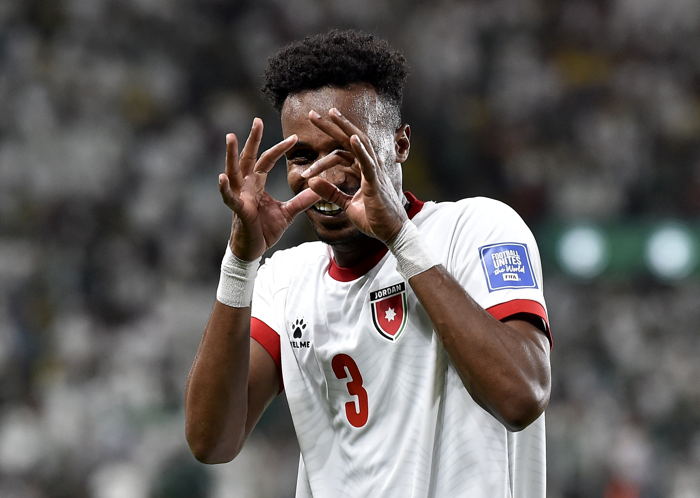 Soccer Football - World Cup - AFC Asian Qualifiers - Group G - Saudi Arabia v Jordan - Al-Awwal Stadium, Riyadh, Saudi Arabia - June 11, 2024 Jordan's Abdallah Nasib celebrates after Noor Al Rawabdeh scores their second goal REUTERS/Stringer