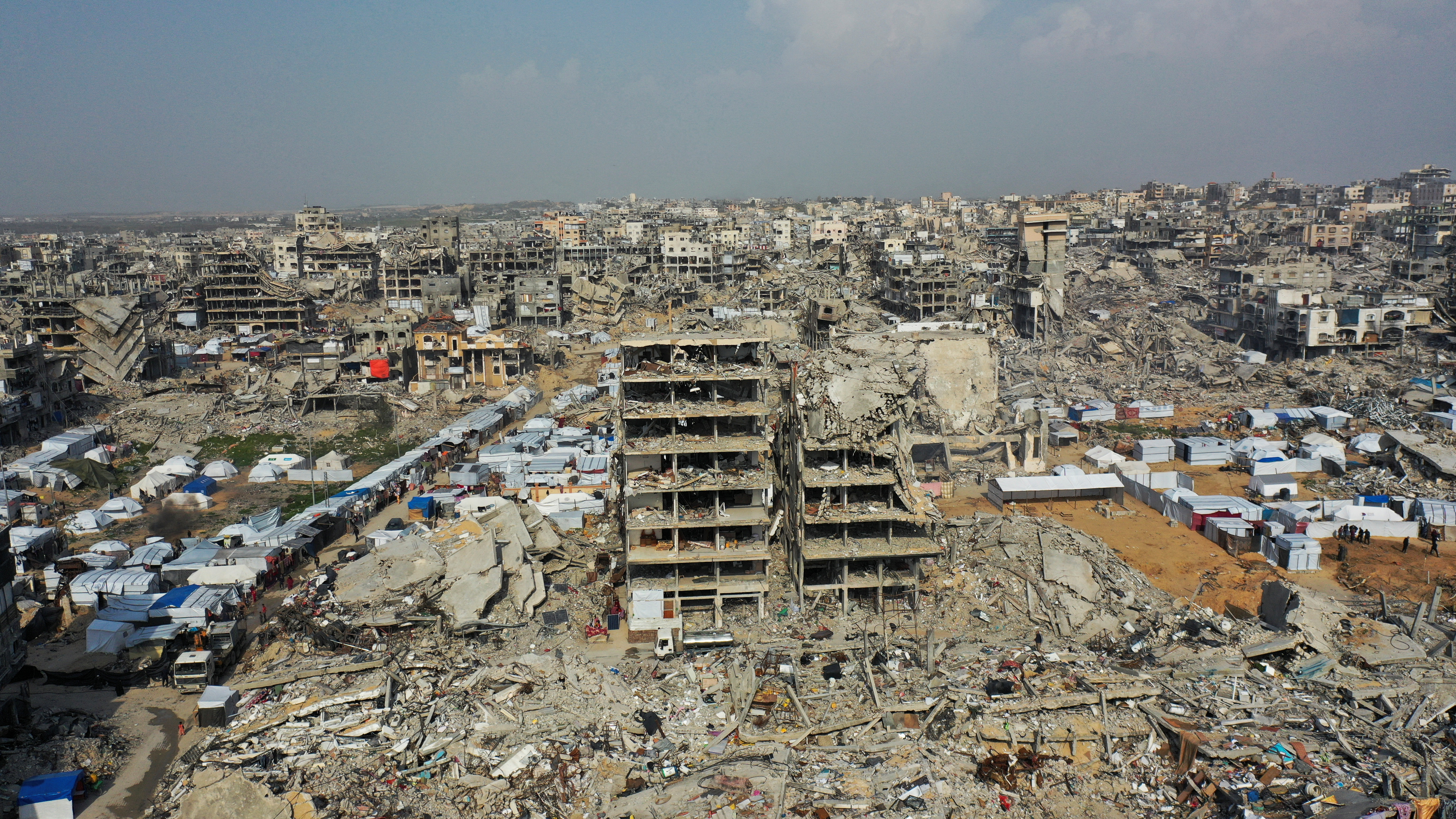 A drone view shows houses destroyed during the Israeli offensive.