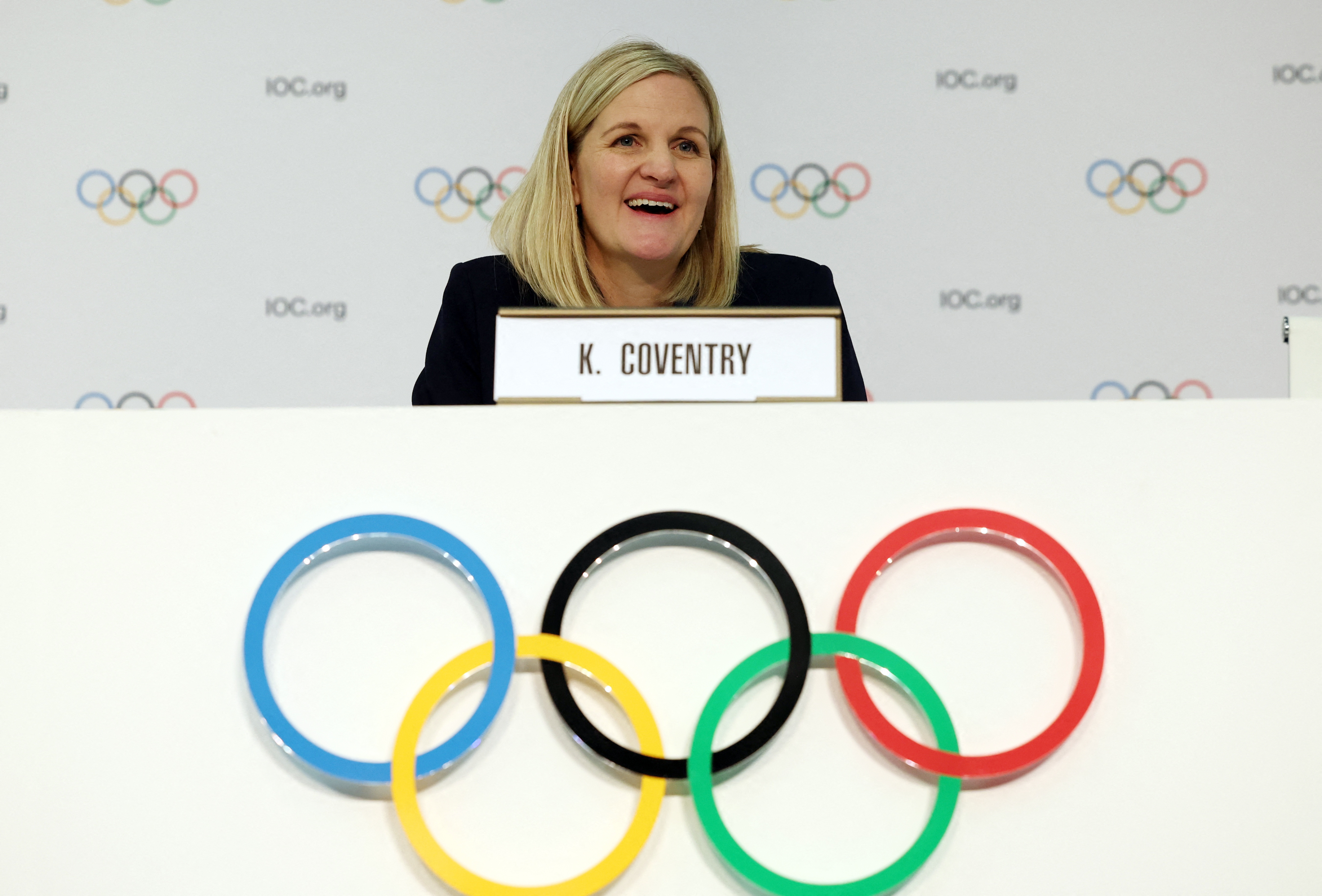 Olympics - 144th IOC Session - Costa Navarino, Pylos, Greece - March 20, 2025 Kirsty Coventry during the press conference after she was elected as the new president of the International Olympic Committee (IOC) REUTERS/Louisa Gouliamaki